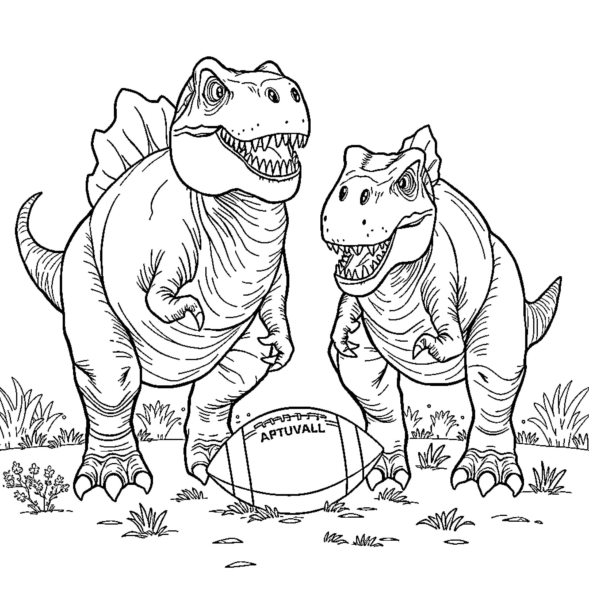Dinosaurs playing with a football on the field Coloring Page (free black-and-white line drawing printable PDF for all, from beginners to advanced learners, including children, teens, adults, and seniors)