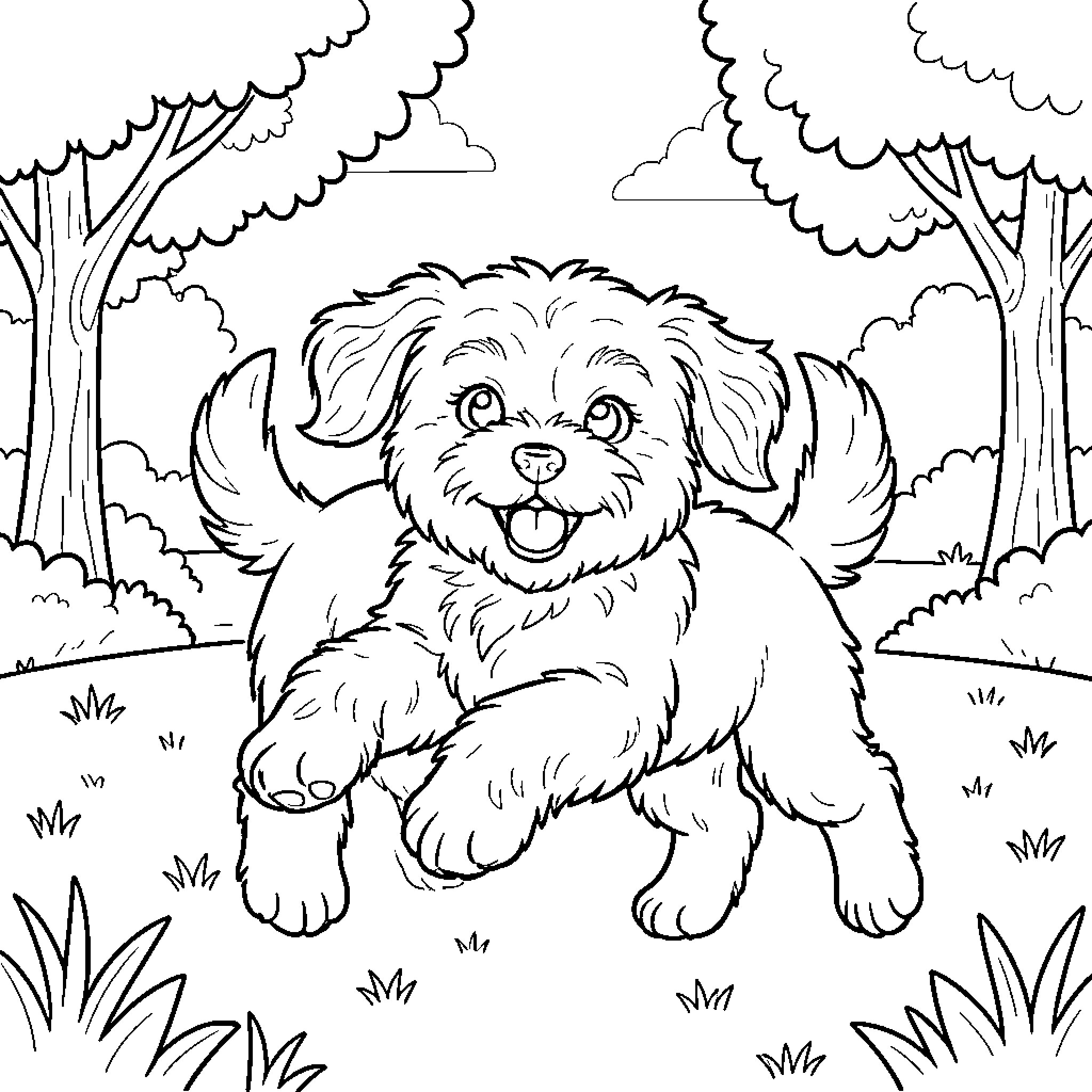 Poodle enjoying a sunny day in the park Coloring Page (free black-and-white line drawing printable PDF for all, from beginners to advanced learners, including children, teens, adults, and seniors)