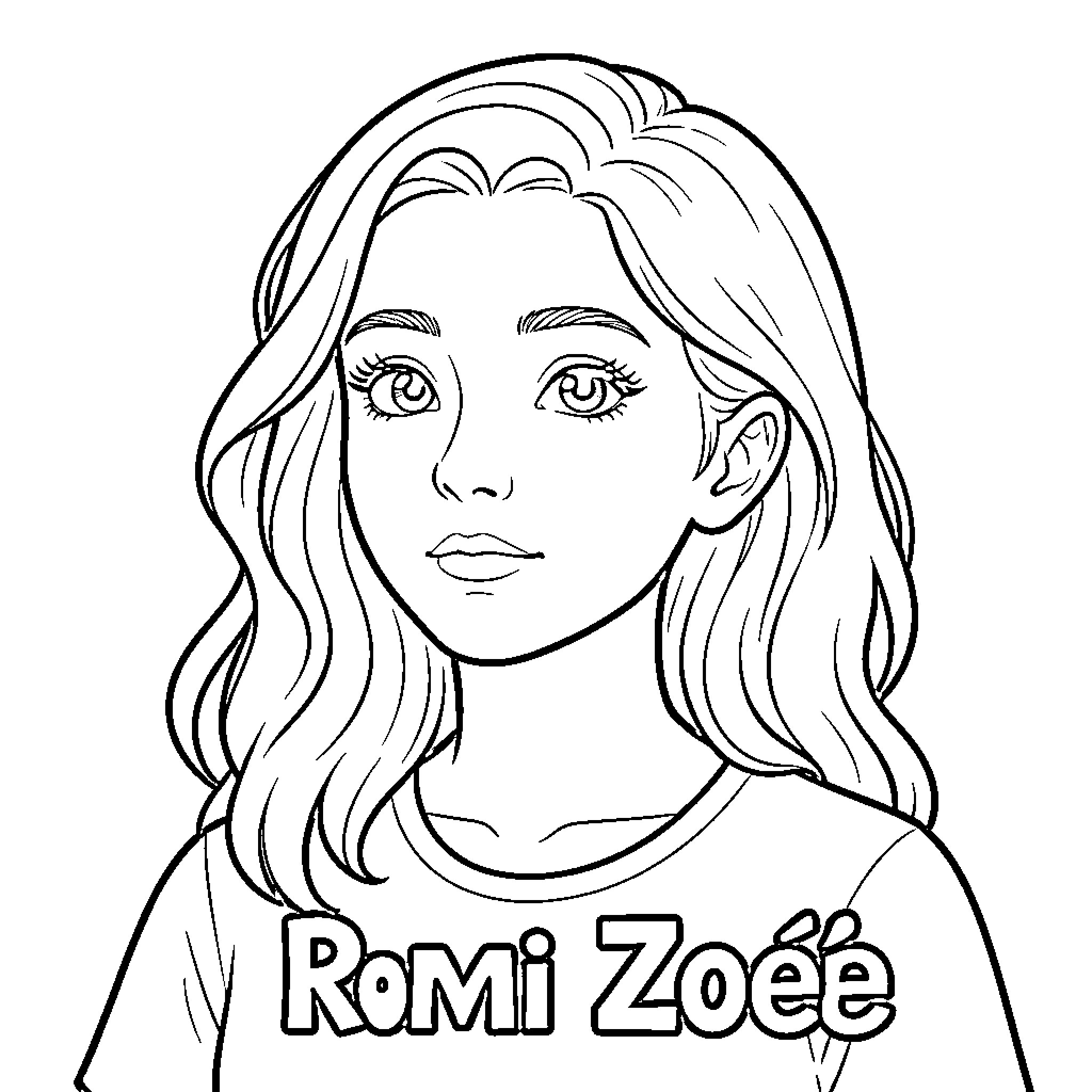 Romi Zoé looking forward with a calm expression Coloring Page (free black-and-white line drawing printable PDF for all, from beginners to advanced learners, including children, teens, adults, and seniors)