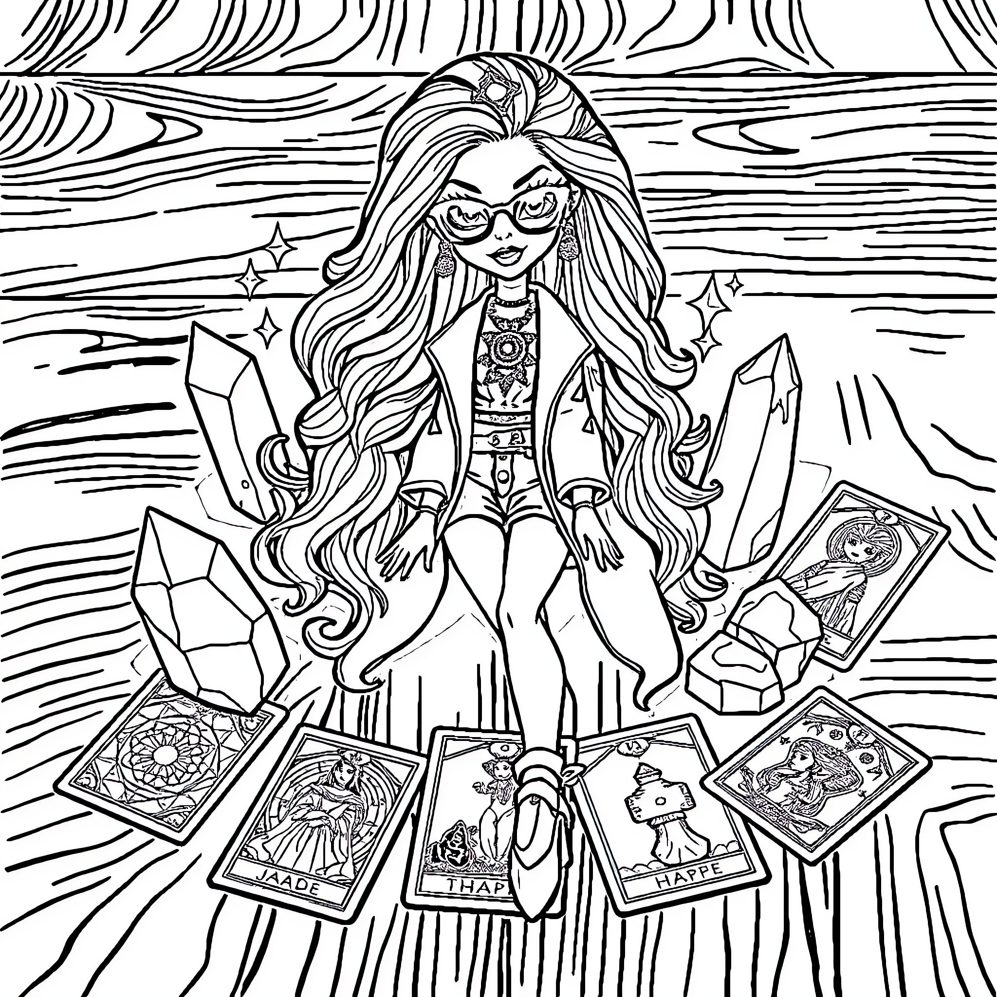 Bratz Doll Enchantress Performing Mystical Rituals Coloring Page (free black-and-white line drawing printable PDF for all, from beginners to advanced learners, including children, teens, adults, and seniors)