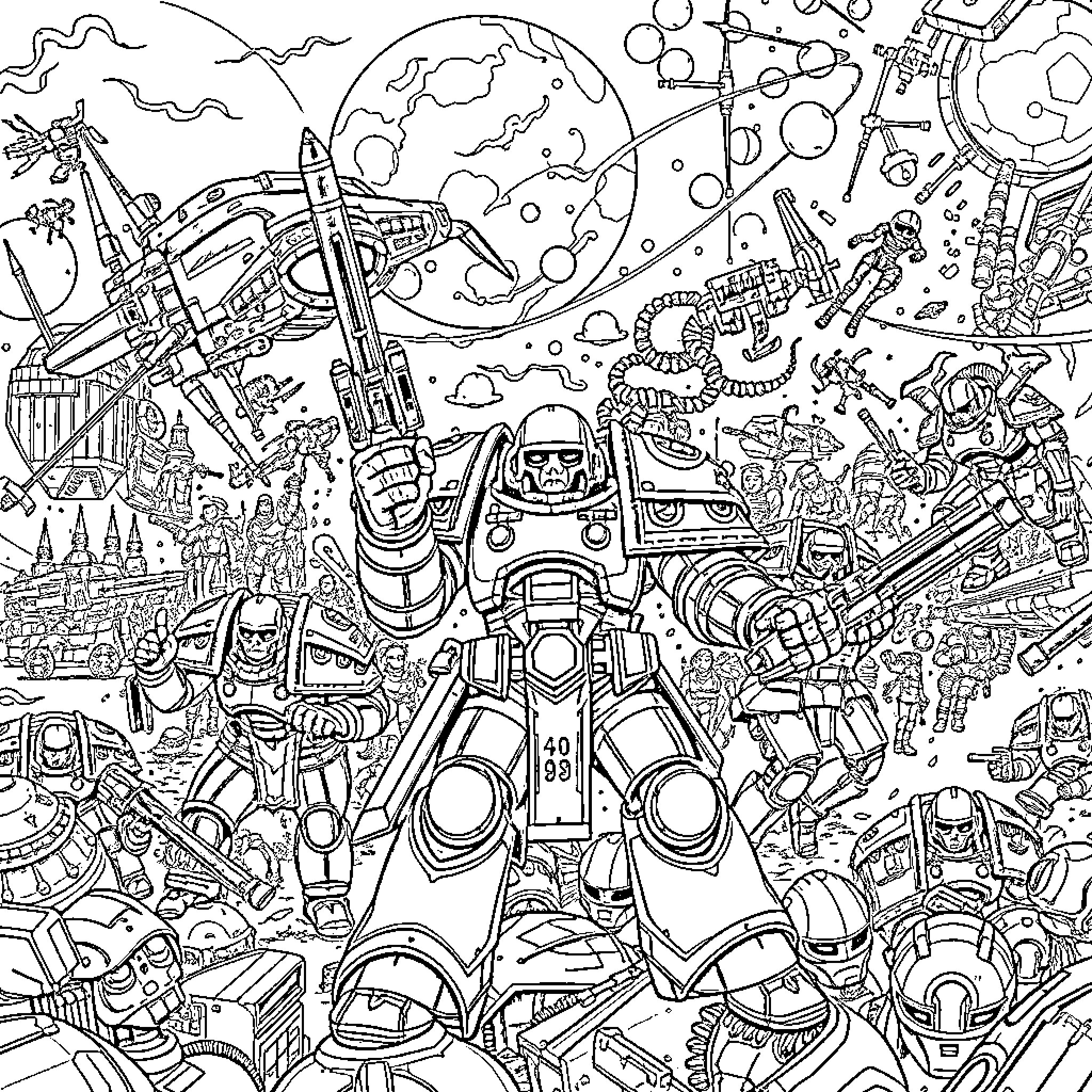 Warhammer Futuristic Sci-Fi Battle Scenes Coloring Page (free black-and-white line drawing printable PDF for all, from beginners to advanced learners, including children, teens, adults, and seniors)