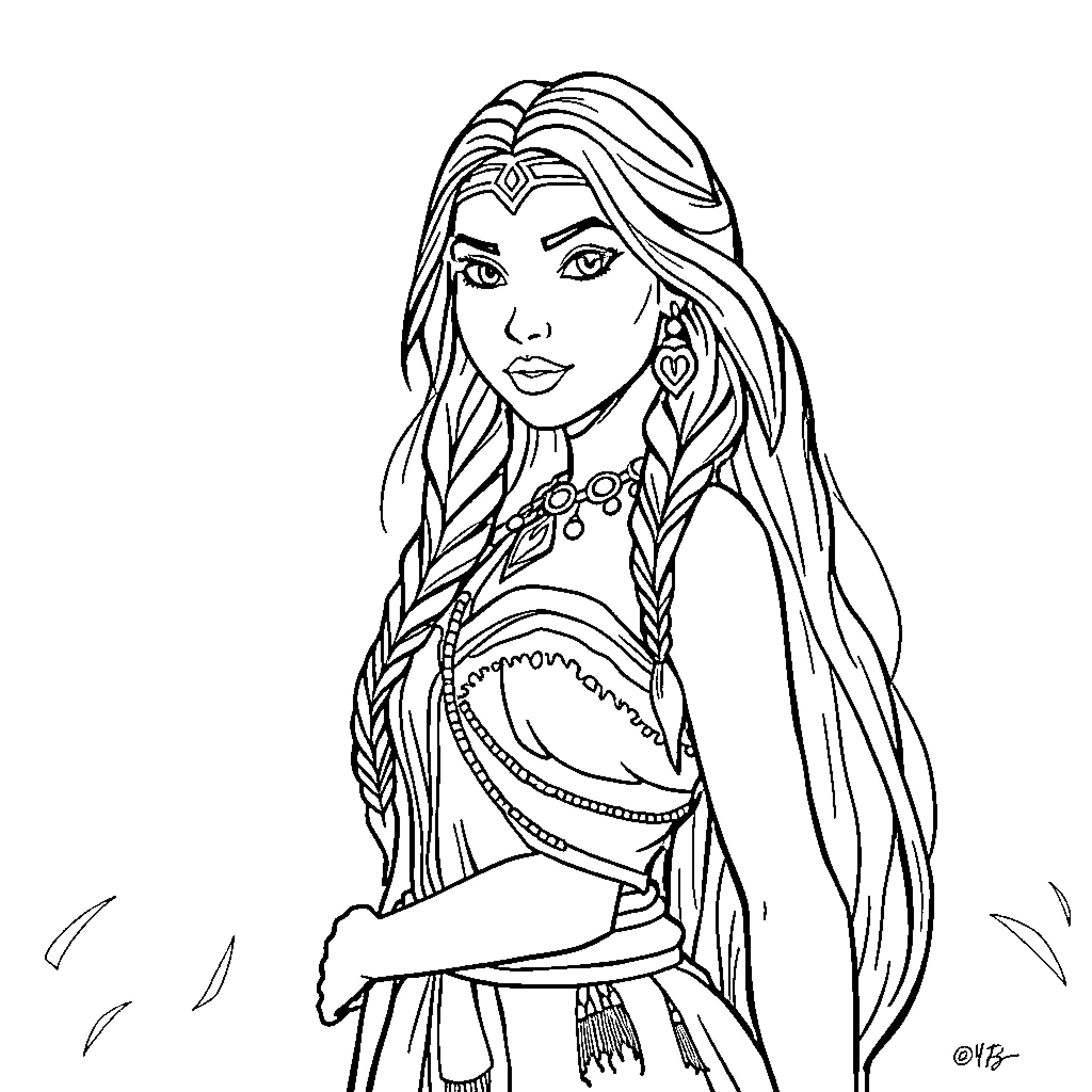 Pocahontas in Traditional Attire Coloring Page (free black-and-white line drawing printable PDF for all, from beginners to advanced learners, including children, teens, adults, and seniors)
