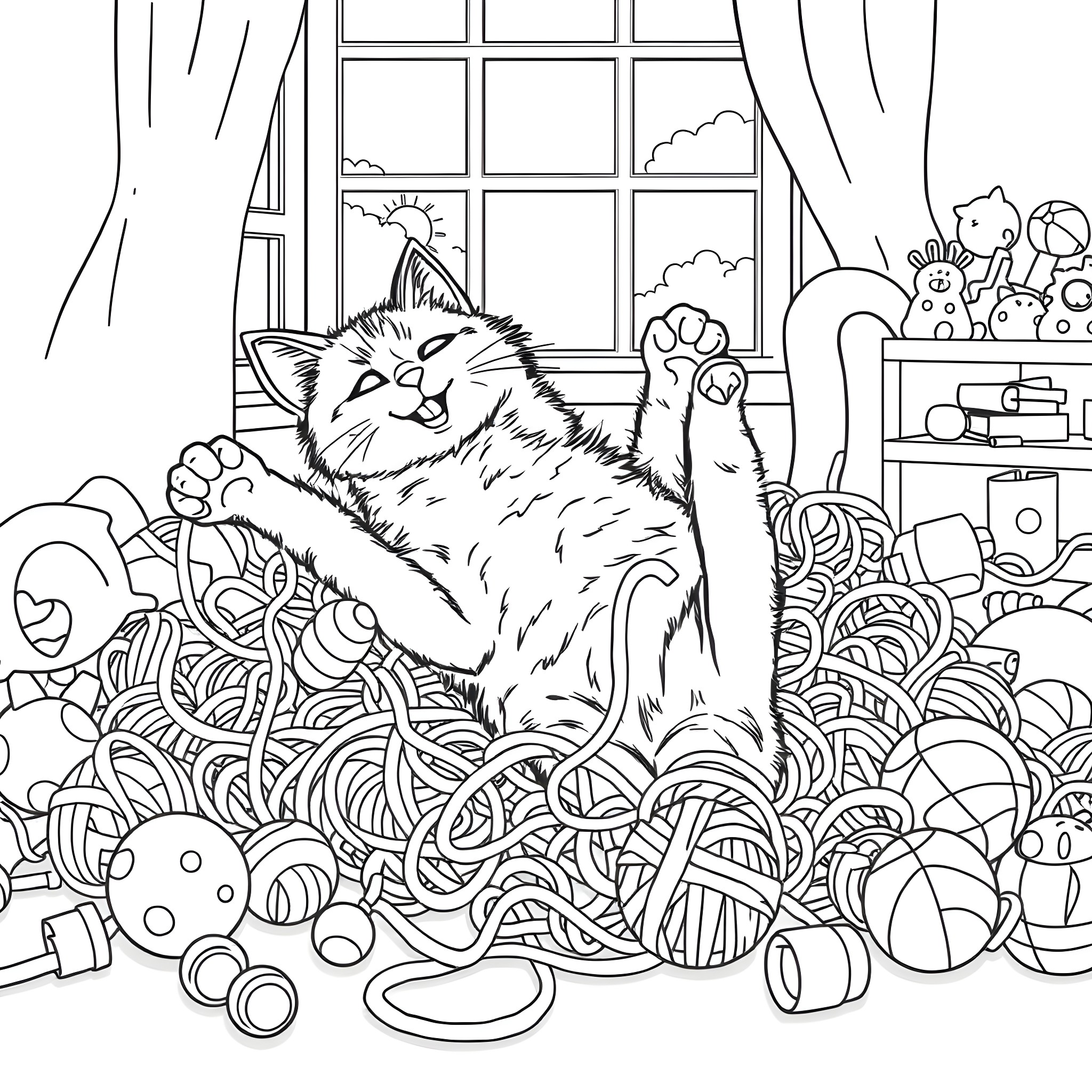 Cat playing in a room filled with toys Coloring Page (free black-and-white line drawing printable PDF for all, from beginners to advanced learners, including children, teens, adults, and seniors)