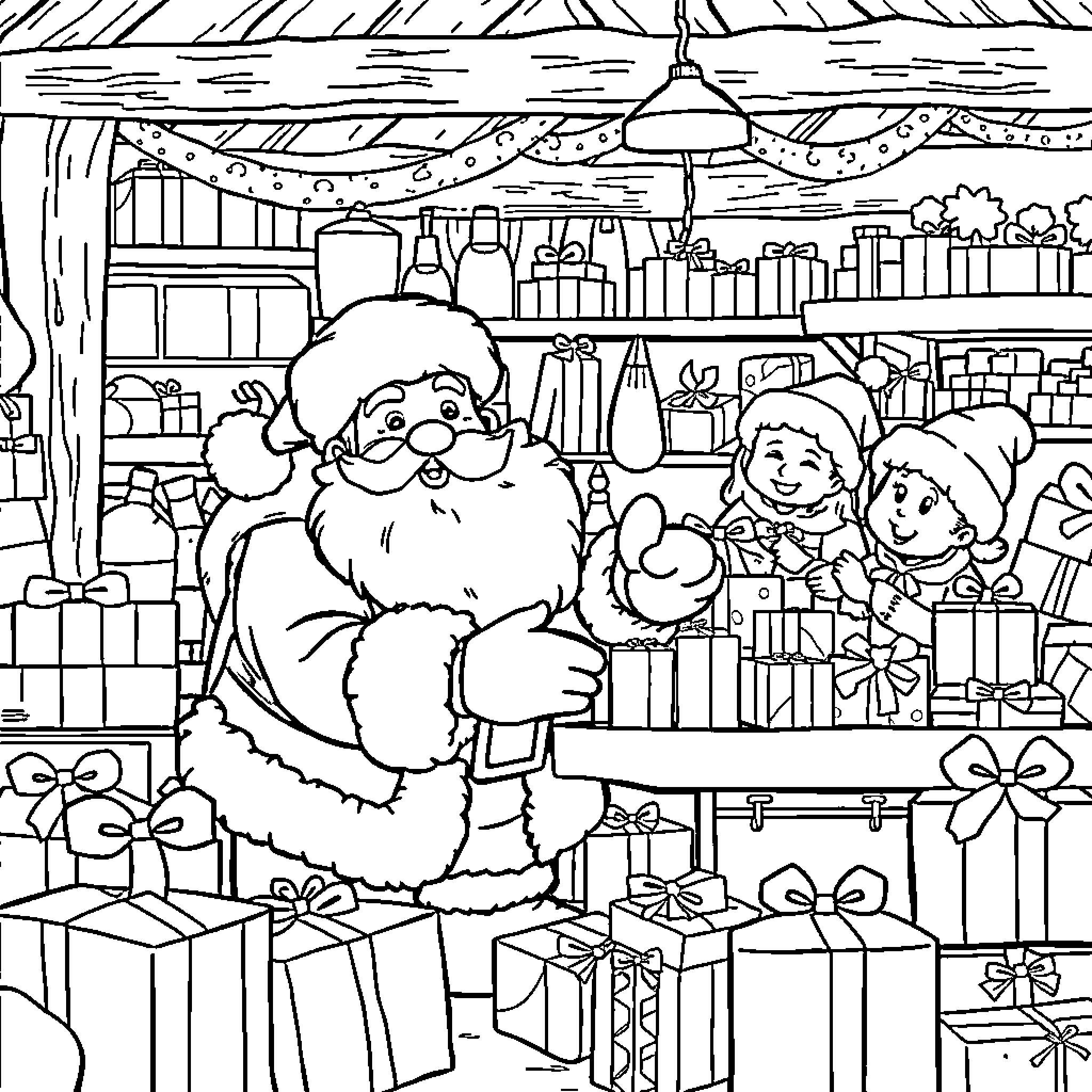 Santa's Jolly Workshop with Festive Decor and Gifts Coloring Page (free black-and-white line drawing printable PDF for all, from beginners to advanced learners, including children, teens, adults, and seniors)