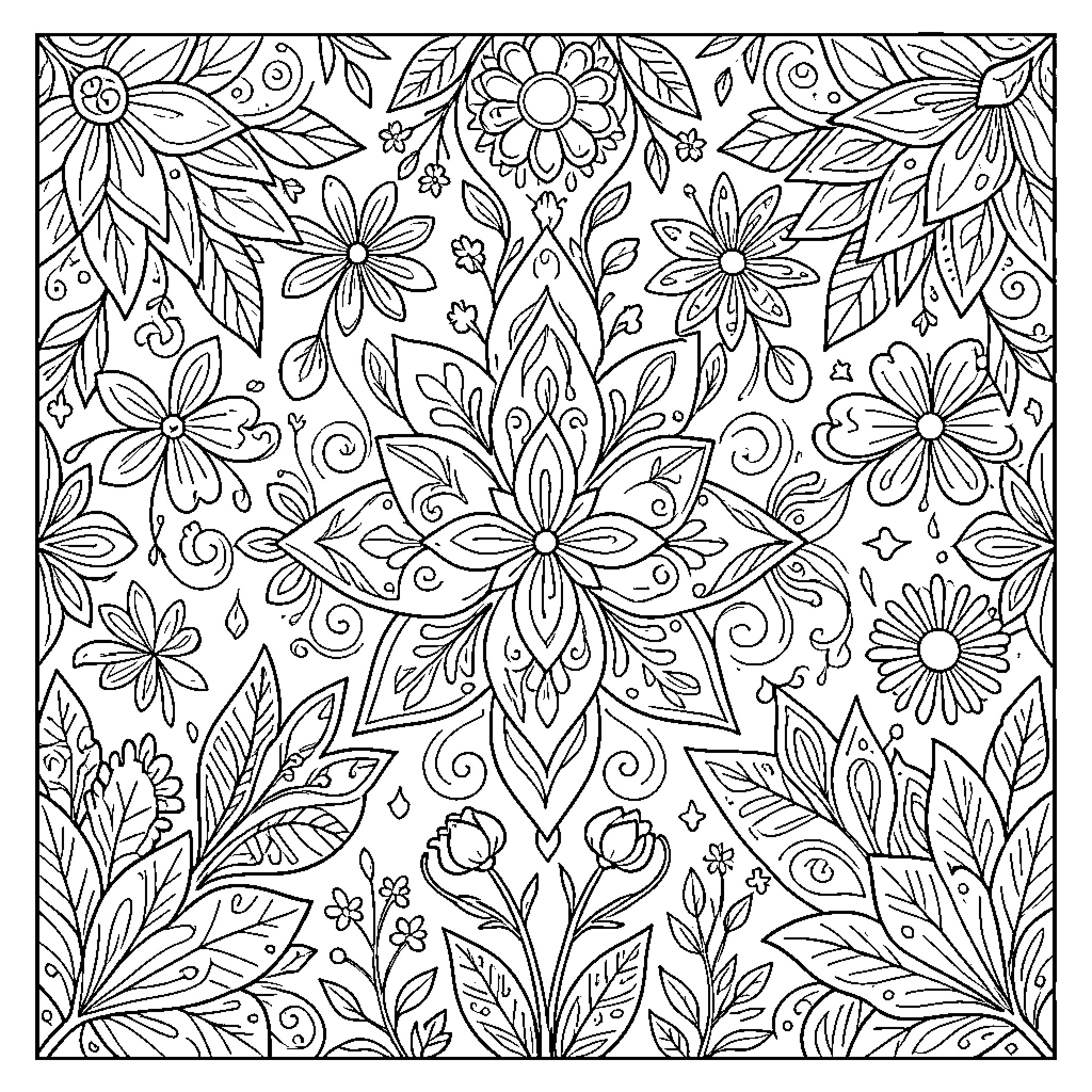 Image of Intricate Floral Patterns Coloring Page (free black-and-white line drawing printable PDF for all, from beginners to advanced learners, including children, teens, adults, and seniors)