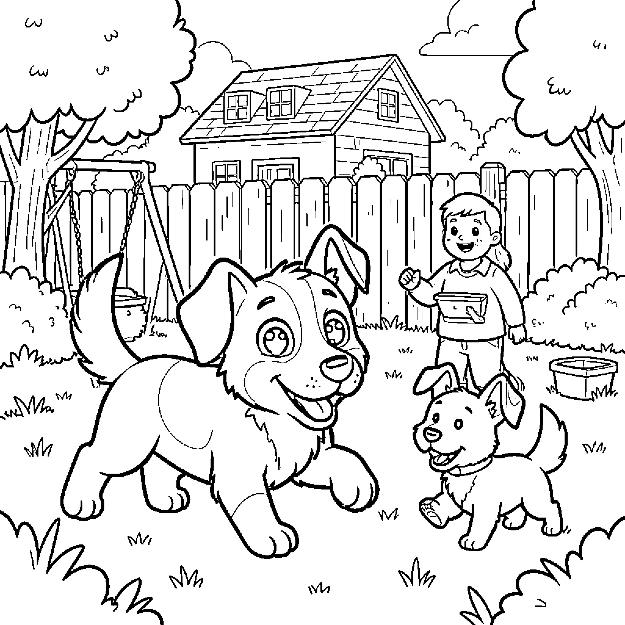 Bluey and friends playing joyfully in a backyard Coloring Page (free black-and-white line drawing printable PDF for all, from beginners to advanced learners, including children, teens, adults, and seniors)