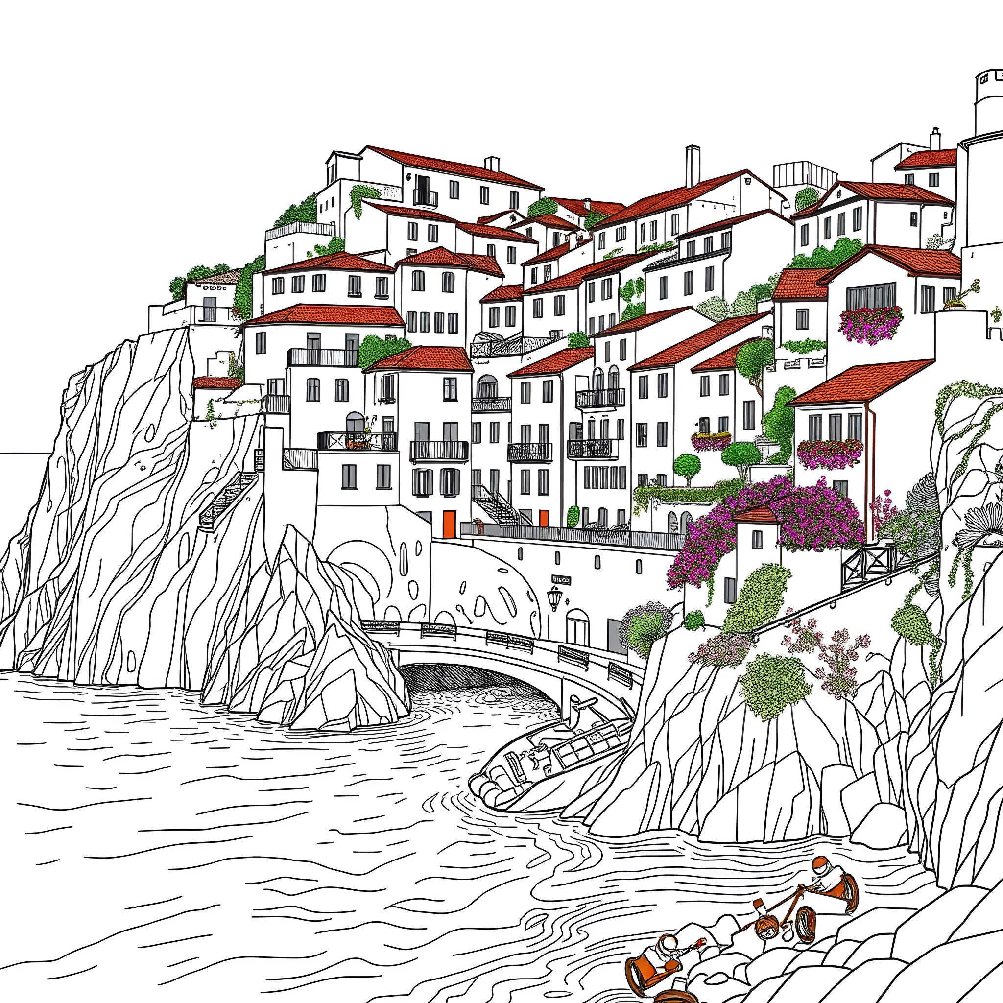 Coast Village with Bustling Coastal Activities Coloring Page (free black-and-white line drawing printable PDF for all, from beginners to advanced learners, including children, teens, adults, and seniors)
