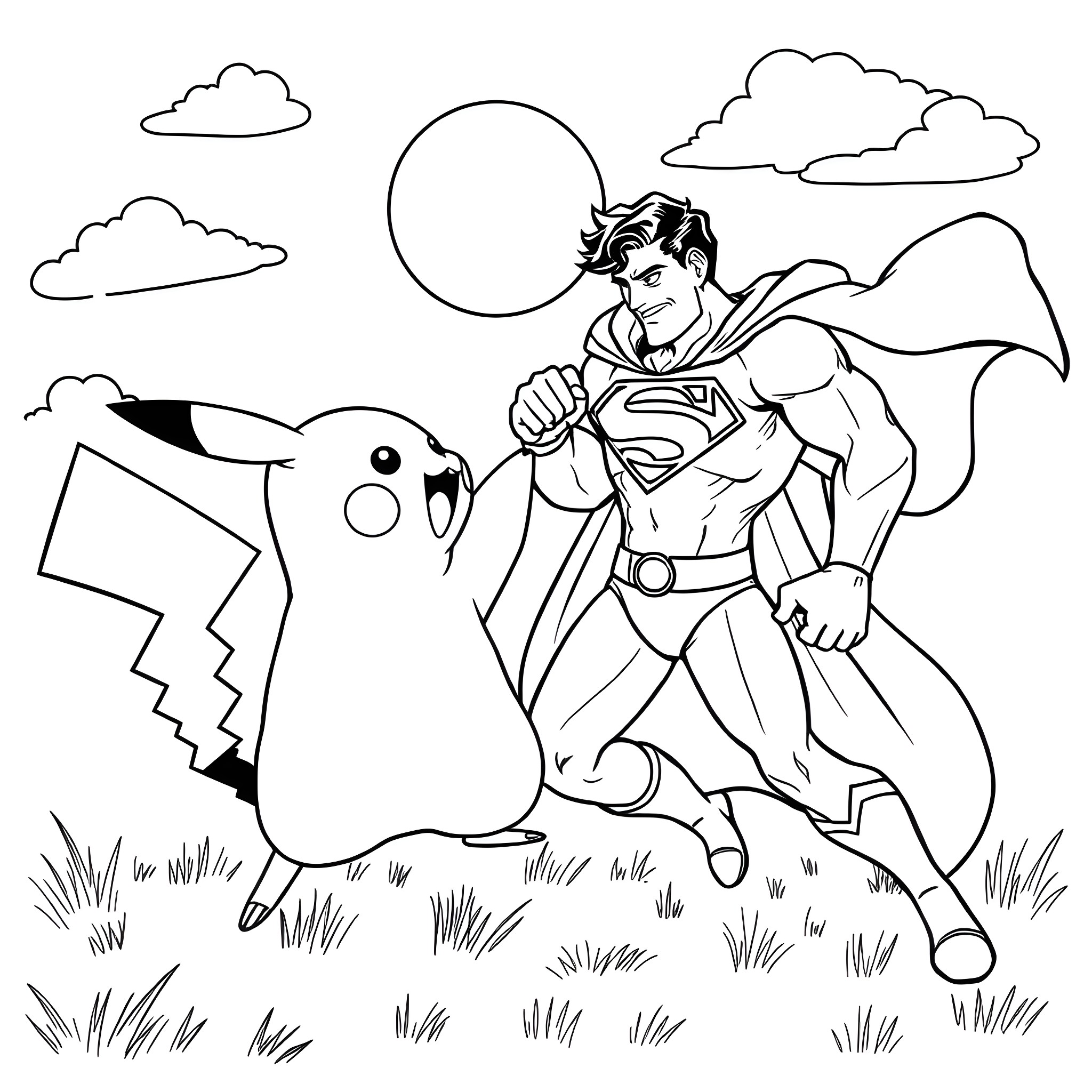 Pikachu and Superman's Heroic Encounter Coloring Page (free black-and-white line drawing printable PDF for all, from beginners to advanced learners, including children, teens, adults, and seniors)