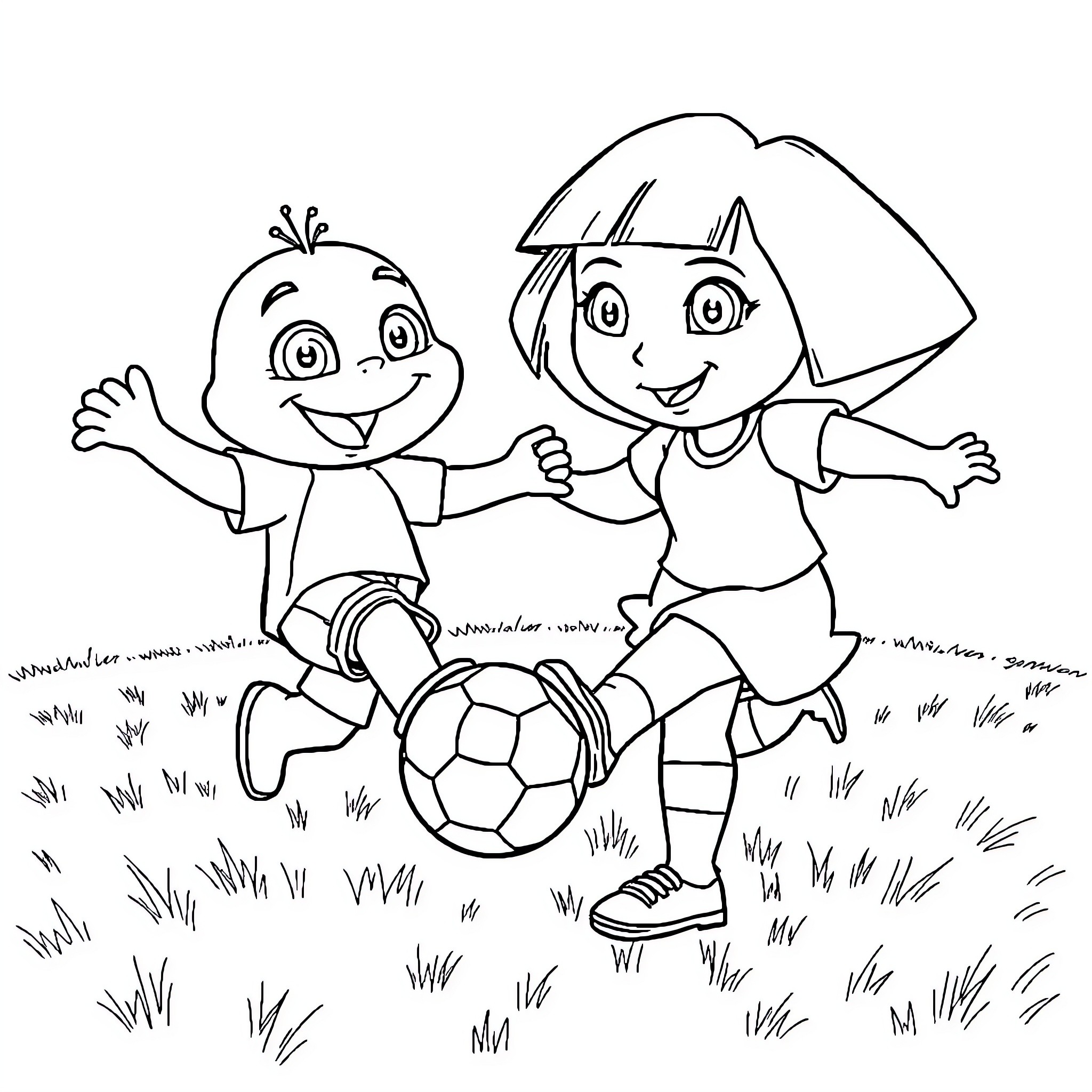 Bluey playing soccer with a friend Coloring Page (free black-and-white line drawing printable PDF for all, from beginners to advanced learners, including children, teens, adults, and seniors)
