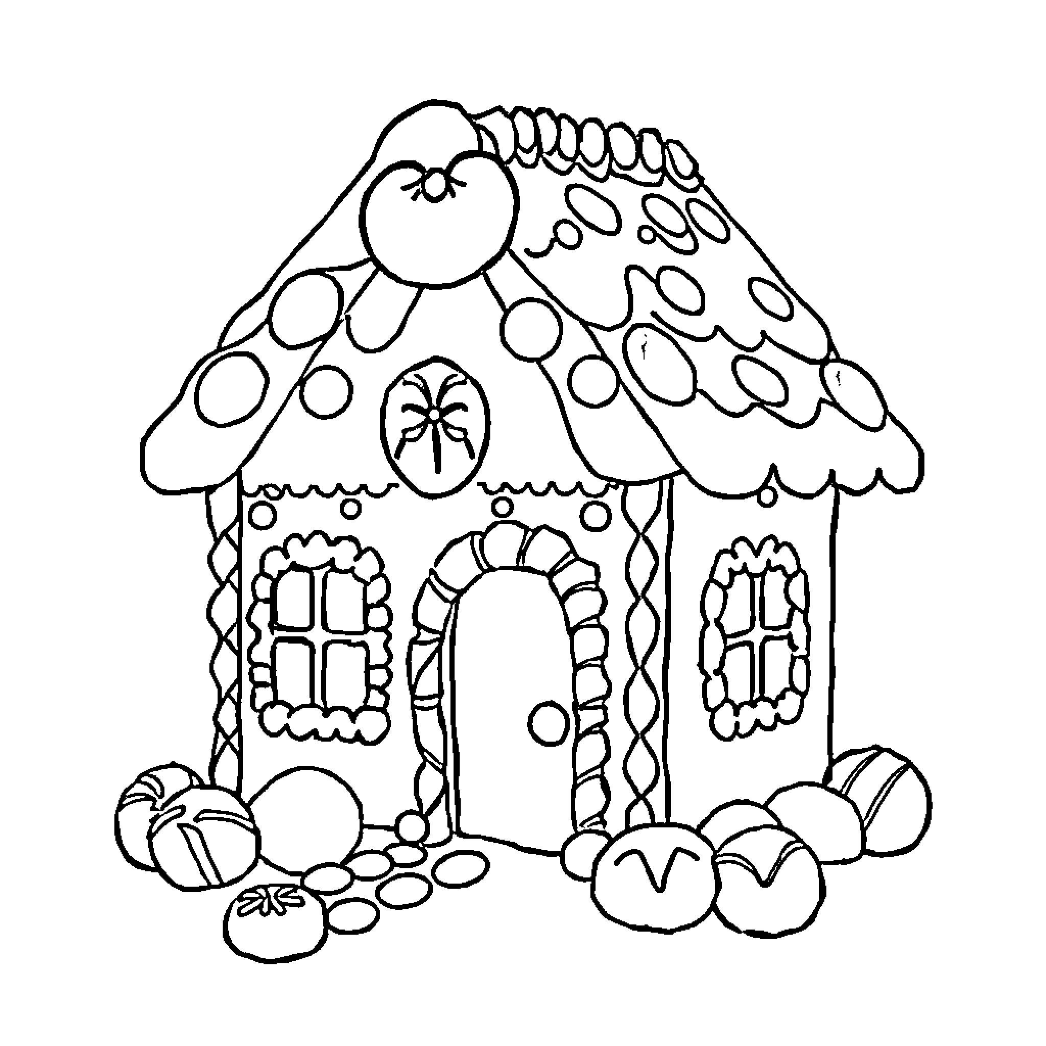 Gingerbread House with Whimsical Decorations Coloring Page (free black-and-white line drawing printable PDF for all, from beginners to advanced learners, including children, teens, adults, and seniors)