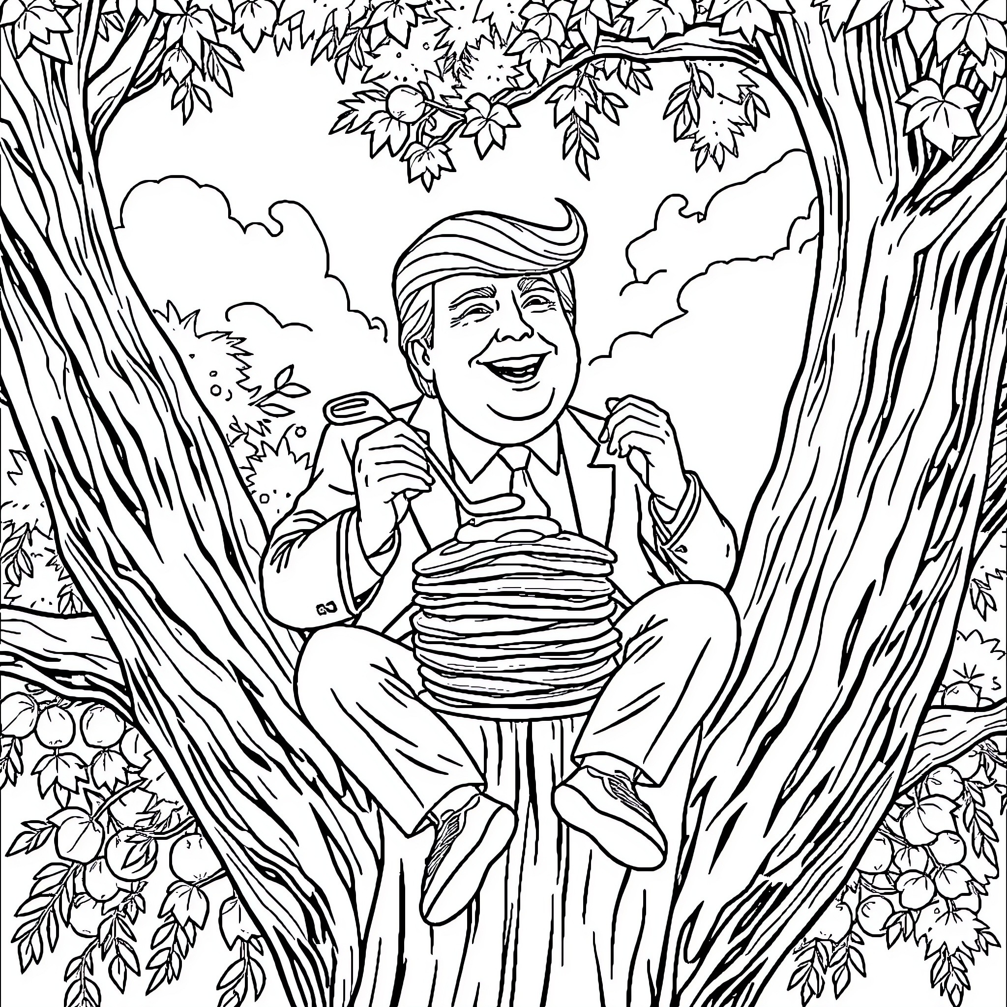 Donald Trump enjoying a stack of pancakes in the forest Coloring Page (free black-and-white line drawing printable PDF for all, from beginners to advanced learners, including children, teens, adults, and seniors)