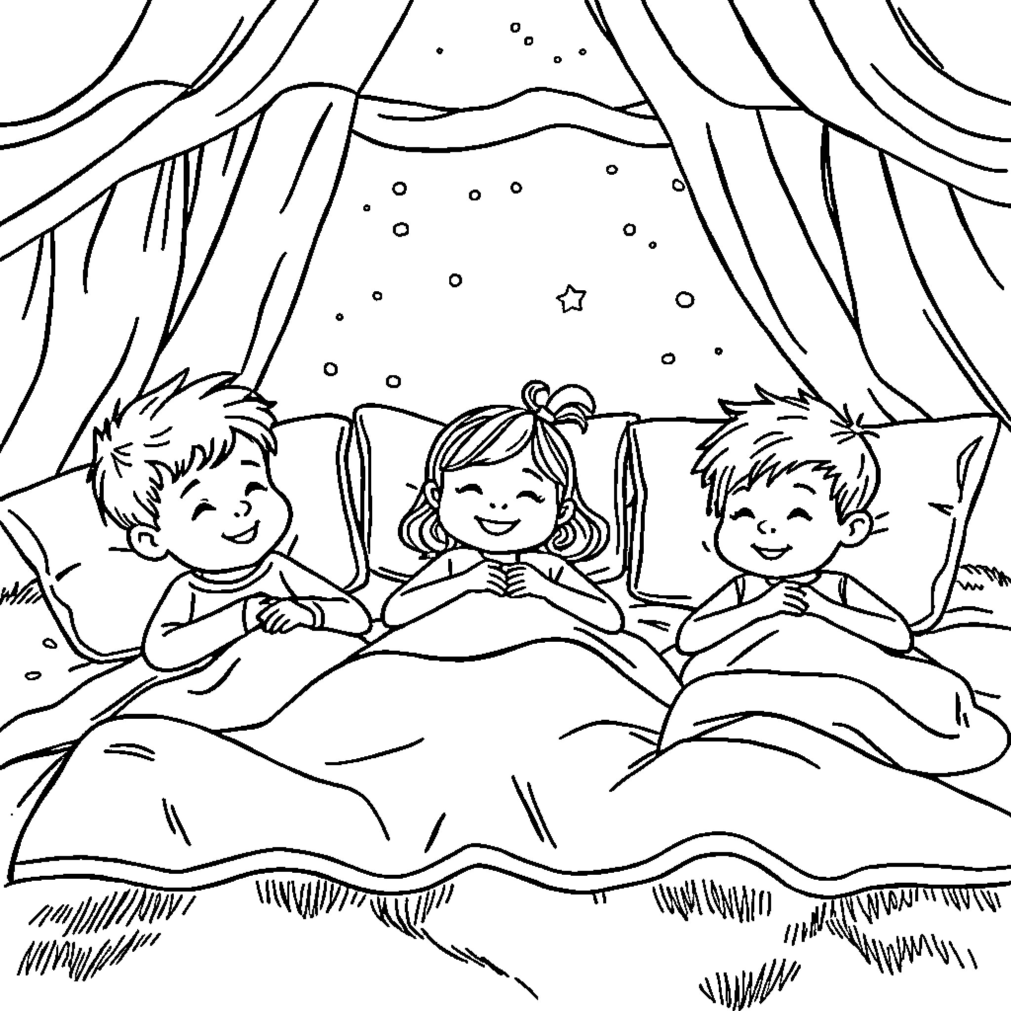 Child's Cozy Slumber Party Under the Stars Coloring Page (free black-and-white line drawing printable PDF for all, from beginners to advanced learners, including children, teens, adults, and seniors)