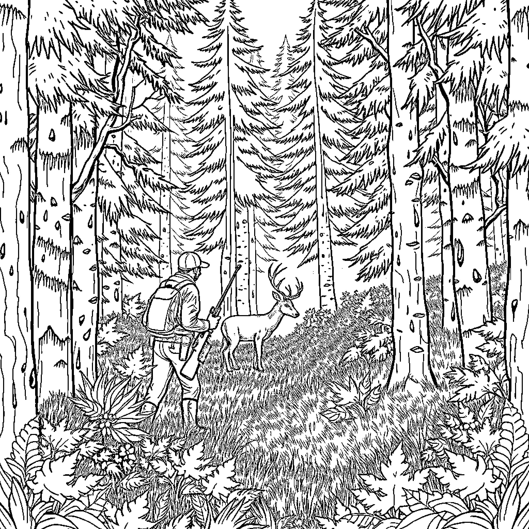 Deer exploring a serene forest landscape Coloring Page (free black-and-white line drawing printable PDF for all, from beginners to advanced learners, including children, teens, adults, and seniors)