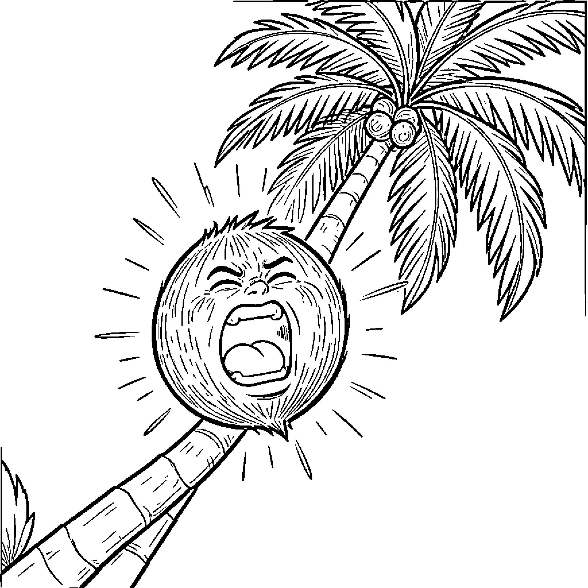Coconut creature expressing exuberant emotions on palm tree Coloring Page (free black-and-white line drawing printable PDF for all, from beginners to advanced learners, including children, teens, adults, and seniors)