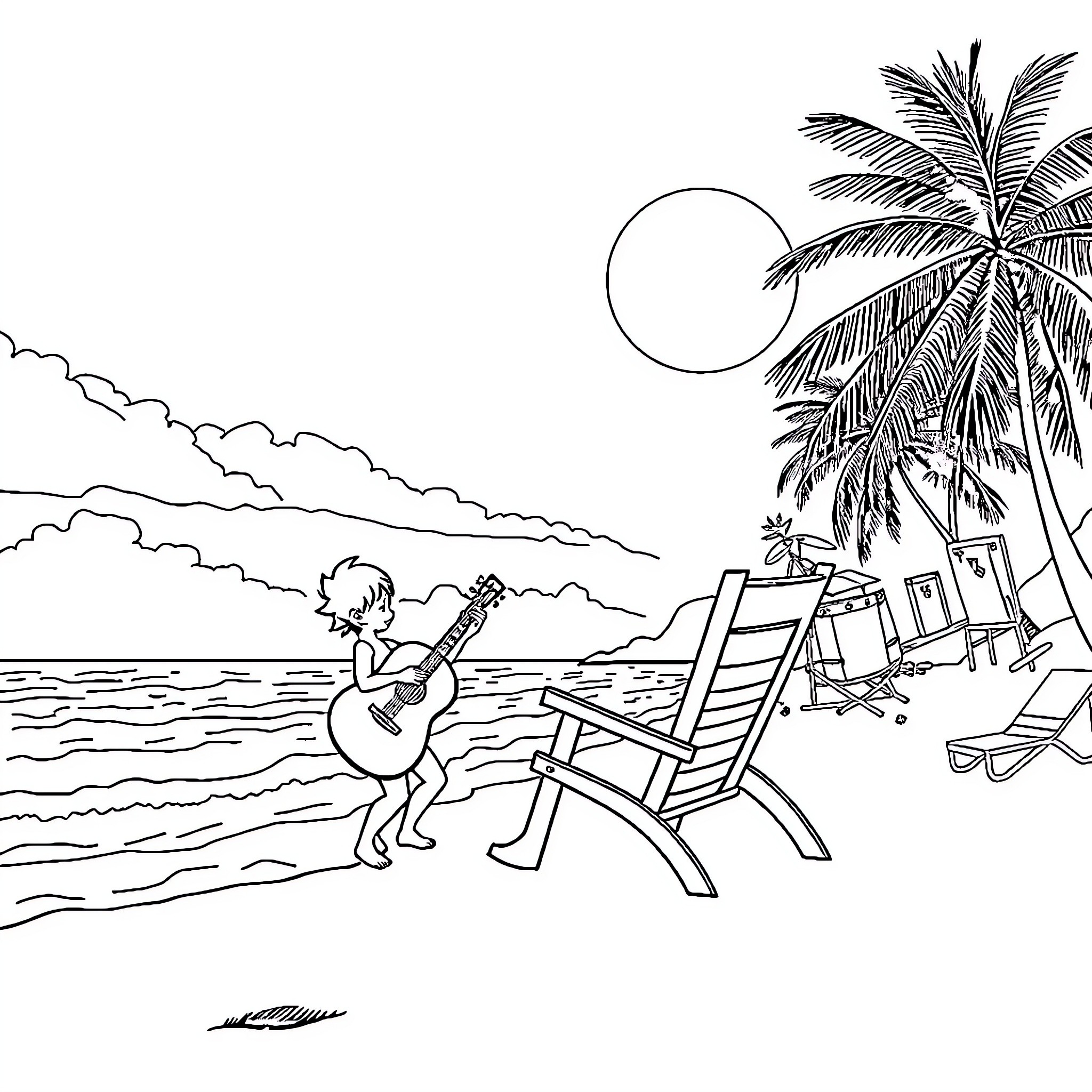 Guku playing guitar by the beach under the moonlight Coloring Page (free black-and-white line drawing printable PDF for all, from beginners to advanced learners, including children, teens, adults, and seniors)