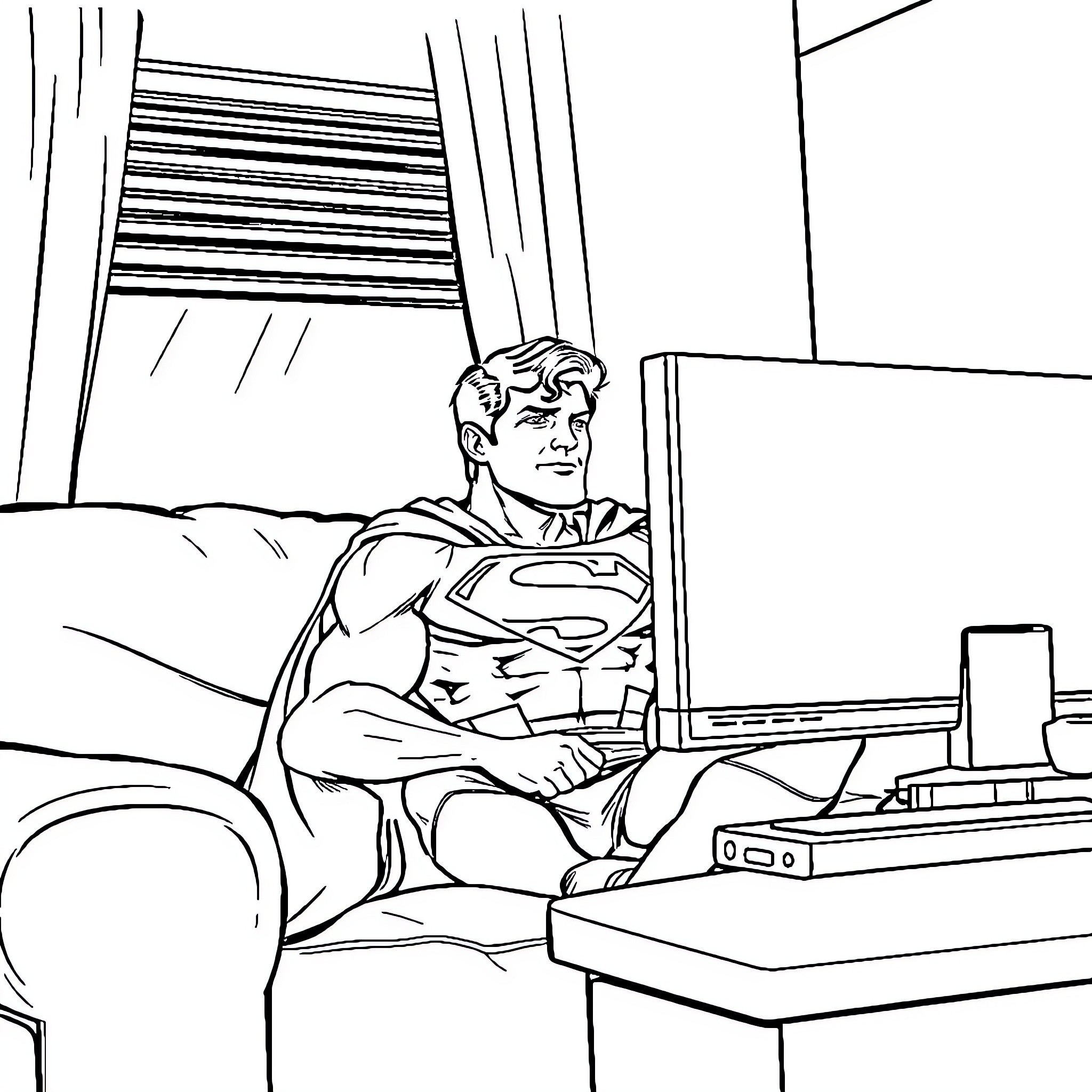 Superman working diligently at his desk Coloring Page (free black-and-white line drawing printable PDF for all, from beginners to advanced learners, including children, teens, adults, and seniors)