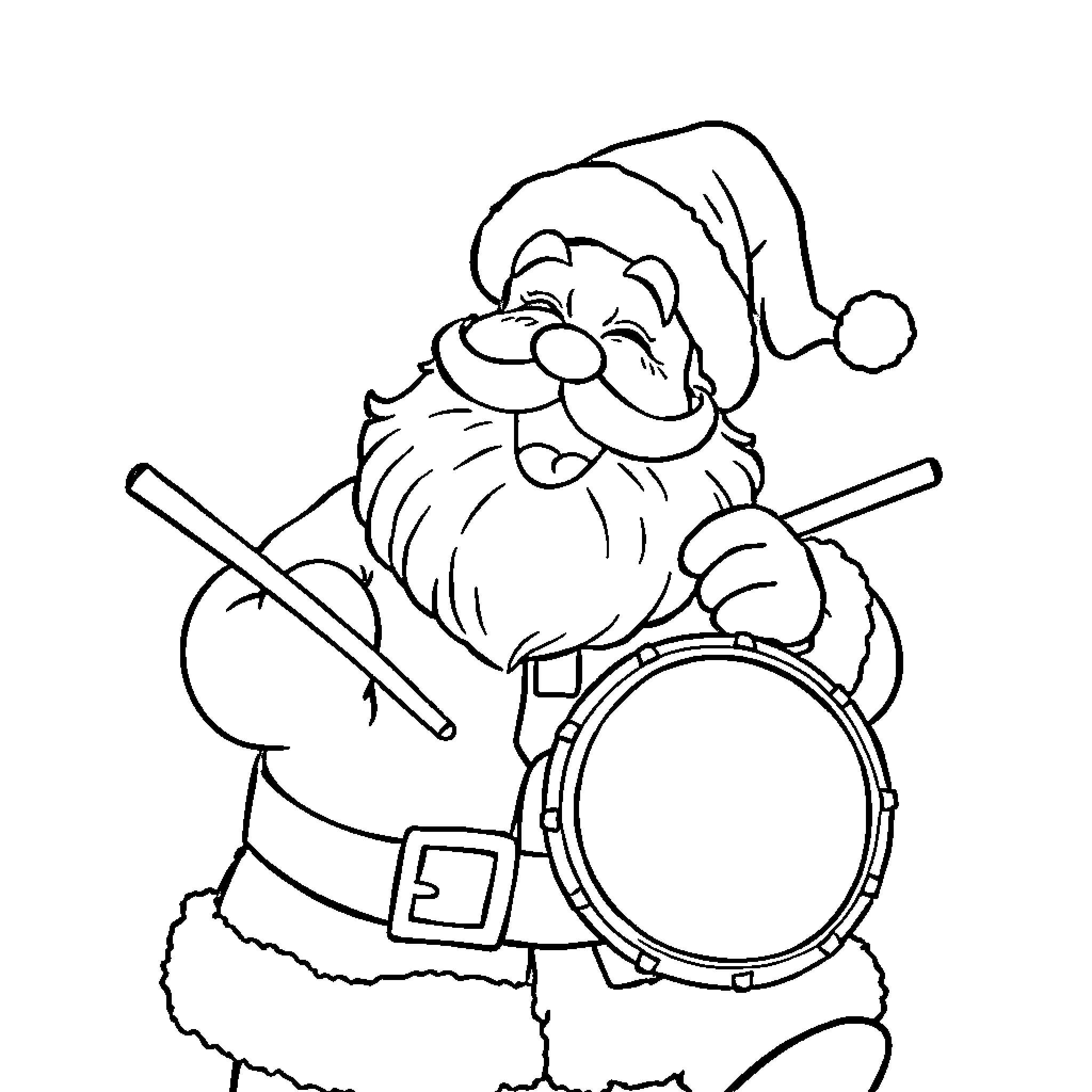 Santa Claus playing drums happily Coloring Page (free black-and-white line drawing printable PDF for all, from beginners to advanced learners, including children, teens, adults, and seniors)