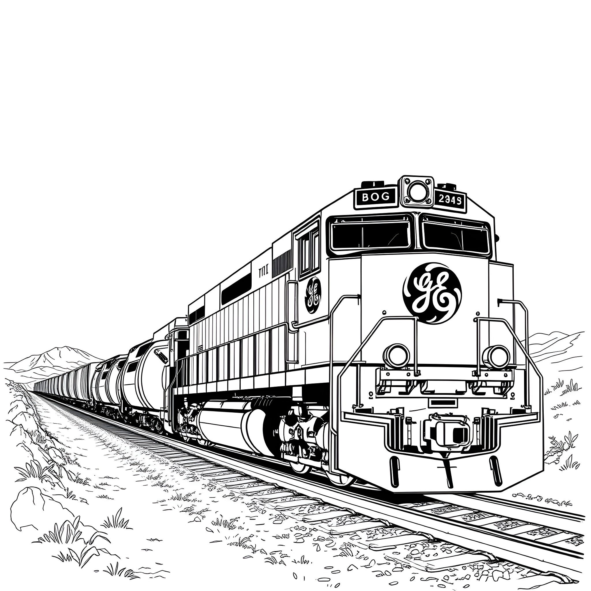 Locomotive transporting freight through scenic landscape Coloring Page (free black-and-white line drawing printable PDF for all, from beginners to advanced learners, including children, teens, adults, and seniors)