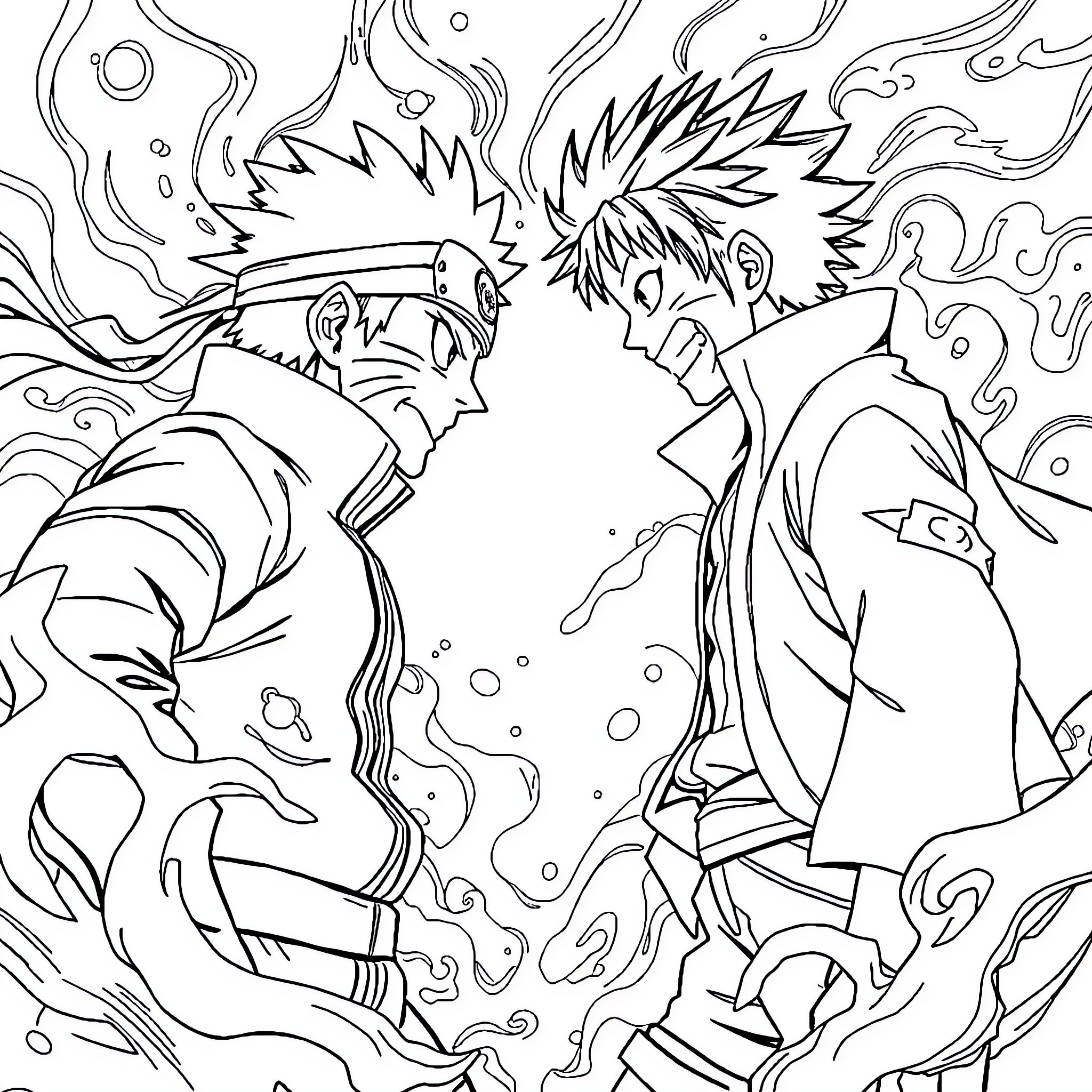 Naruto Characters in Epic Battle Coloring Page (free black-and-white line drawing printable PDF for all, from beginners to advanced learners, including children, teens, adults, and seniors)