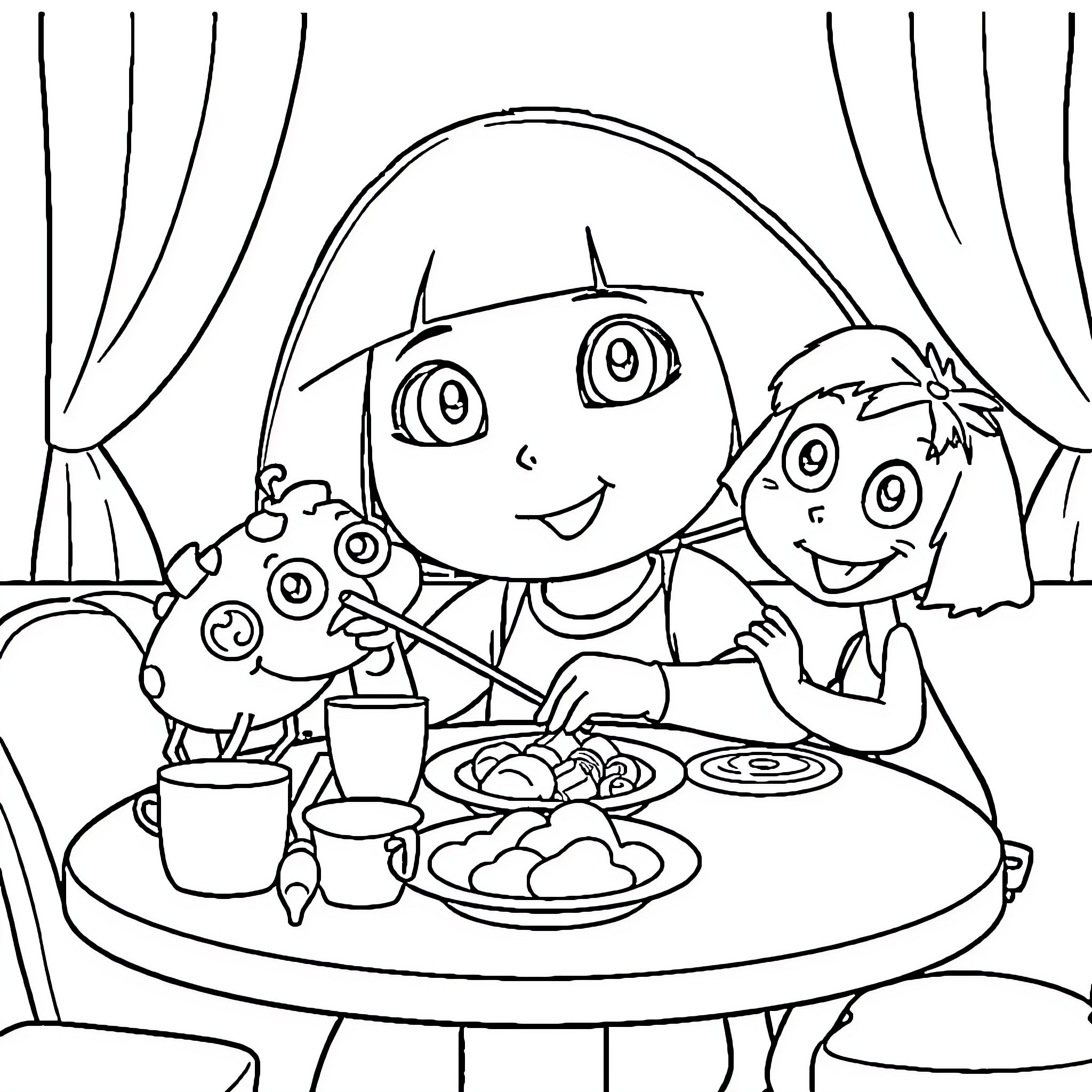 Dora Enjoying a Meal with Friends Coloring Page (free black-and-white line drawing printable PDF for all, from beginners to advanced learners, including children, teens, adults, and seniors)