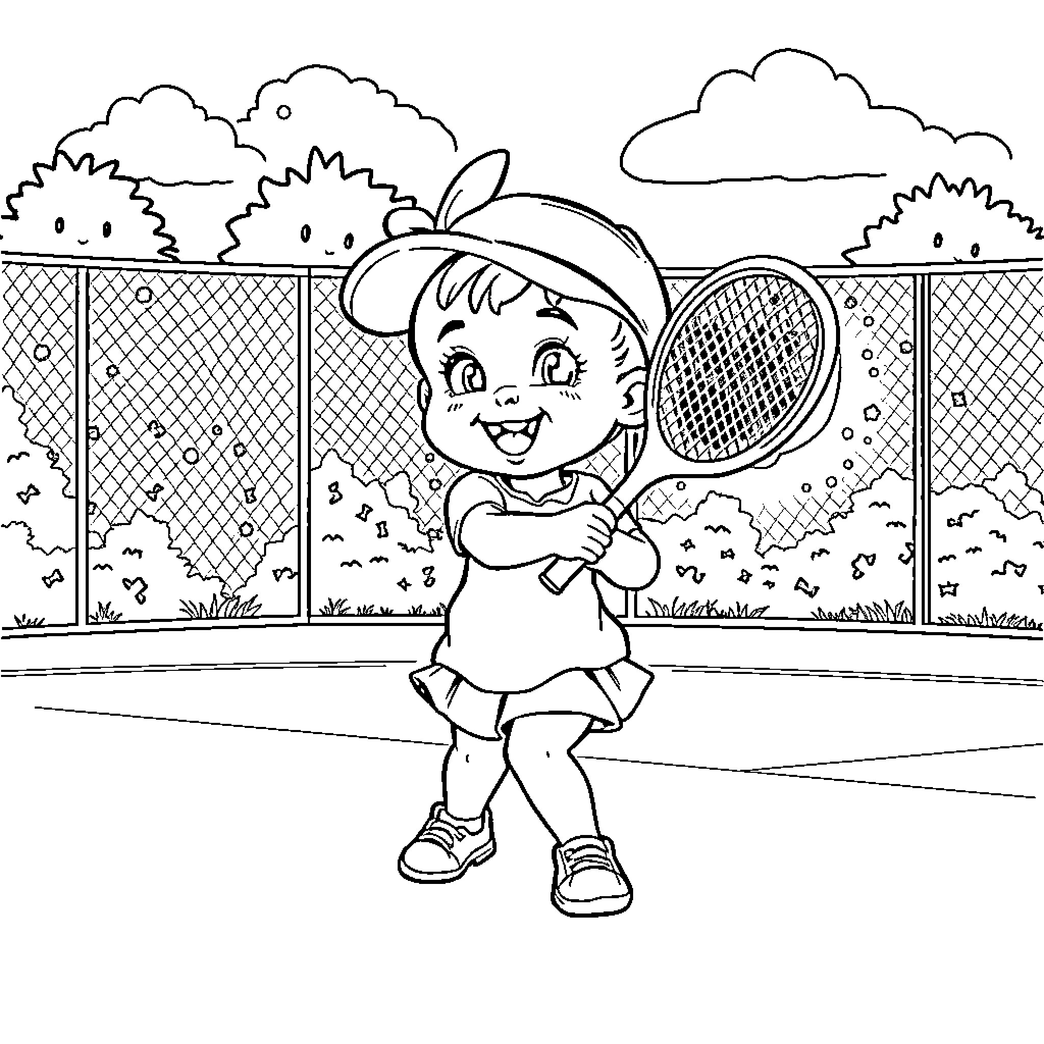 Baby Saja playing with a tennis racket on the court Coloring Page (free black-and-white line drawing printable PDF for all, from beginners to advanced learners, including children, teens, adults, and seniors)