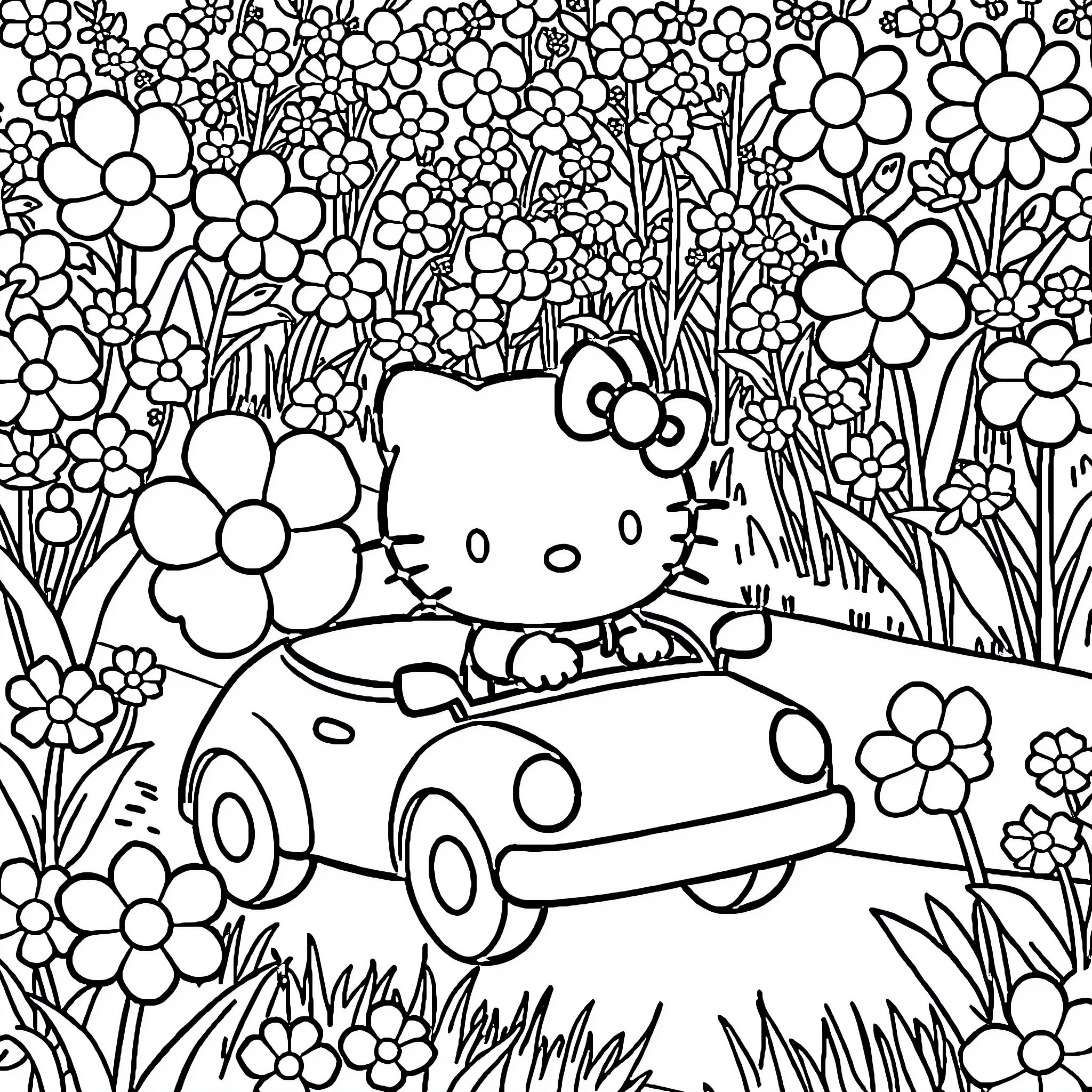 Hello Kitty drives a car through a floral garden Coloring Page (free black-and-white line drawing printable PDF for all, from beginners to advanced learners, including children, teens, adults, and seniors)