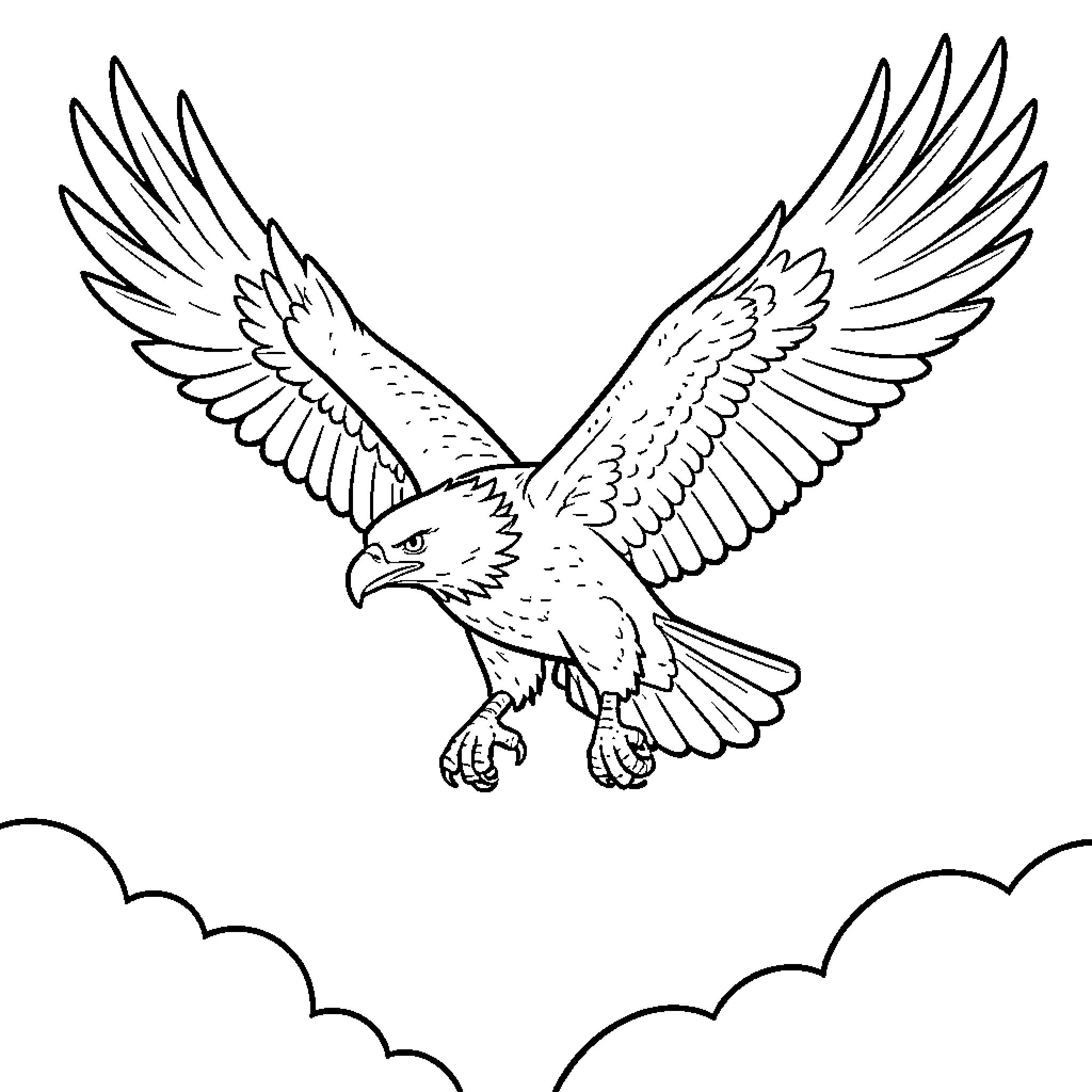 Eagle soaring through the clouds Coloring Page (free black-and-white line drawing printable PDF for all, from beginners to advanced learners, including children, teens, adults, and seniors)