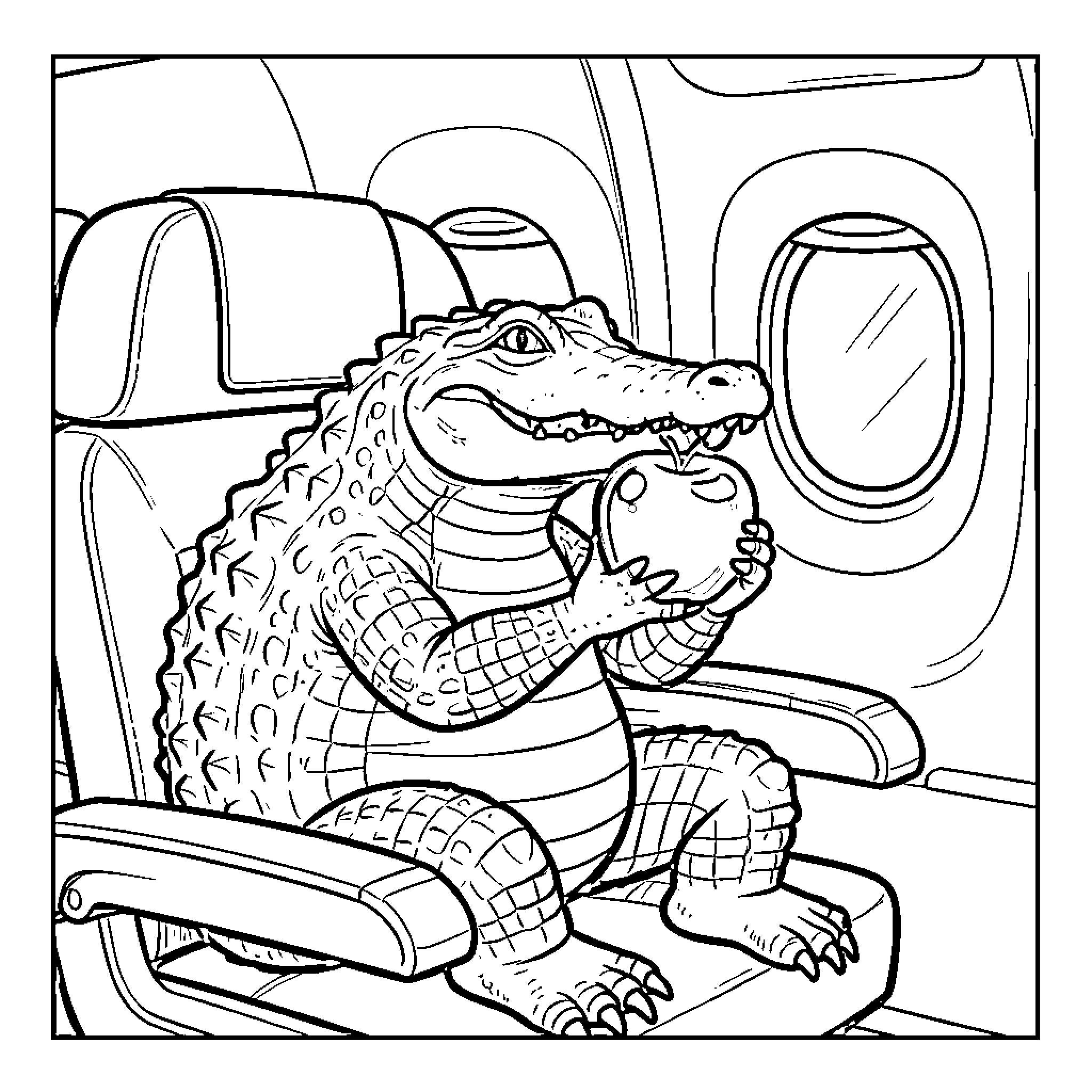 Alligator enjoying a plane ride Coloring Page (free black-and-white line drawing printable PDF for all, from beginners to advanced learners, including children, teens, adults, and seniors)