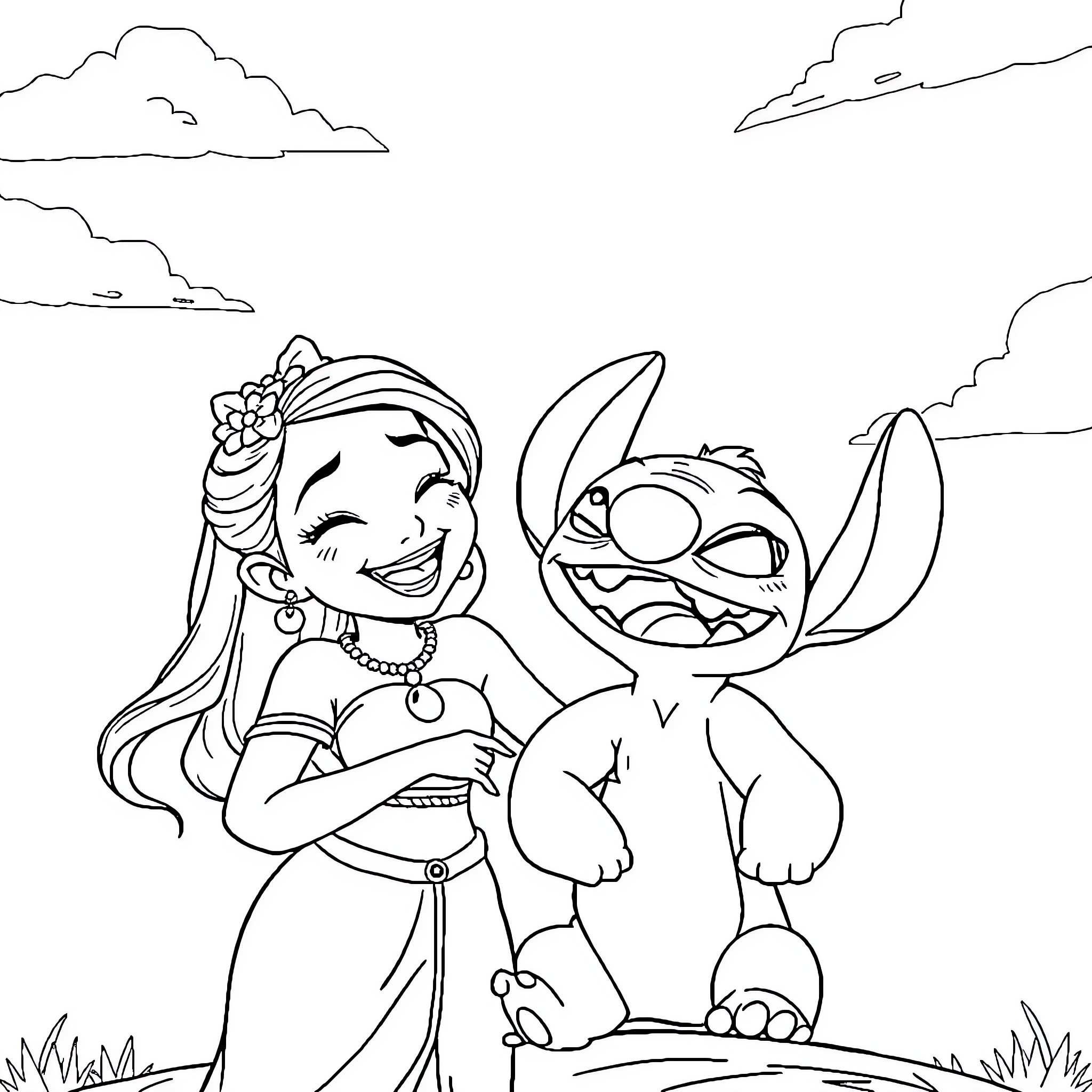 Vaiana and Stitch enjoying an outdoor adventure Coloring Page (free black-and-white line drawing printable PDF for all, from beginners to advanced learners, including children, teens, adults, and seniors)
