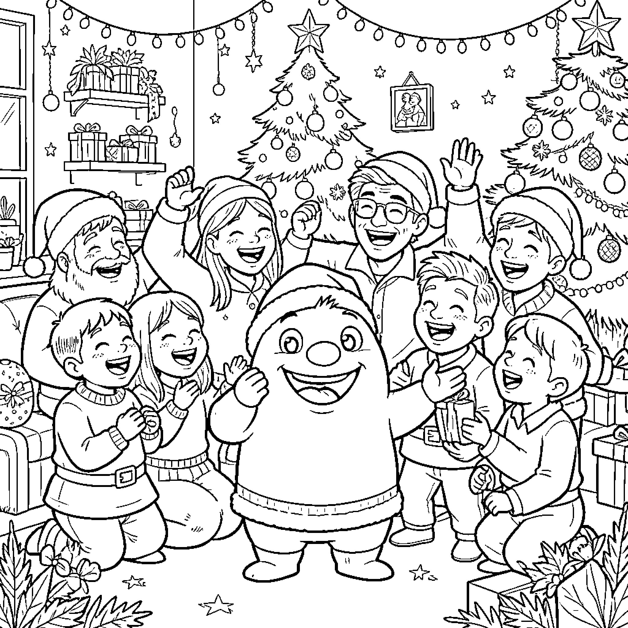 Mog celebrating a joyful Christmas party with friends Coloring Page (free black-and-white line drawing printable PDF for all, from beginners to advanced learners, including children, teens, adults, and seniors)