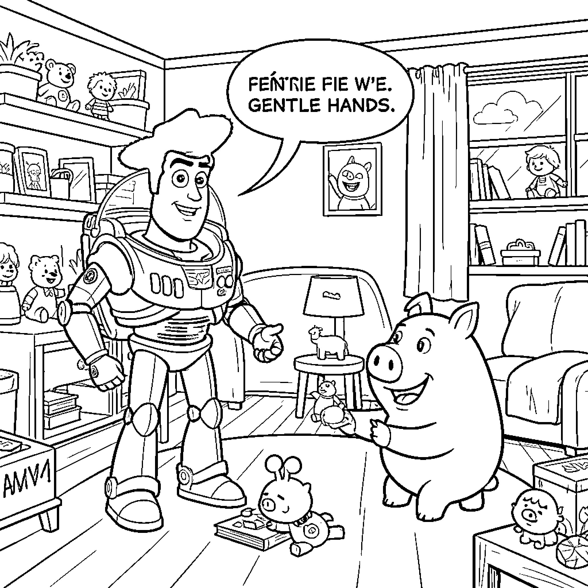 Woody and Buzz interact with toys in a room Coloring Page (free black-and-white line drawing printable PDF for all, from beginners to advanced learners, including children, teens, adults, and seniors)