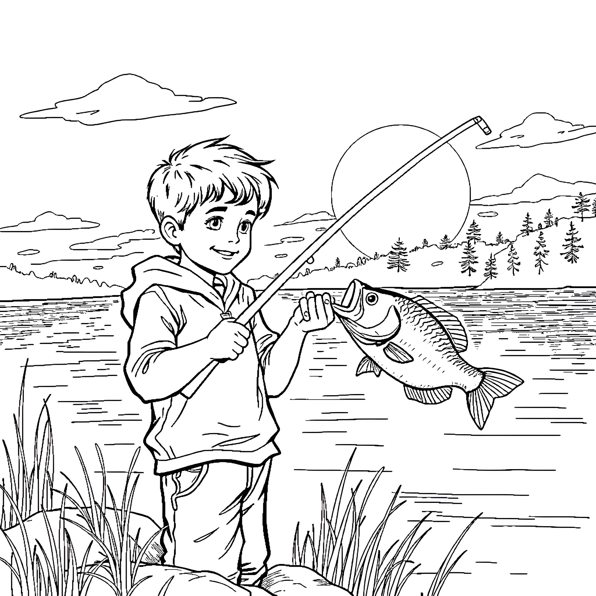 Boy fishing happily by the lake Coloring Page (free black-and-white line drawing printable PDF for all, from beginners to advanced learners, including children, teens, adults, and seniors)