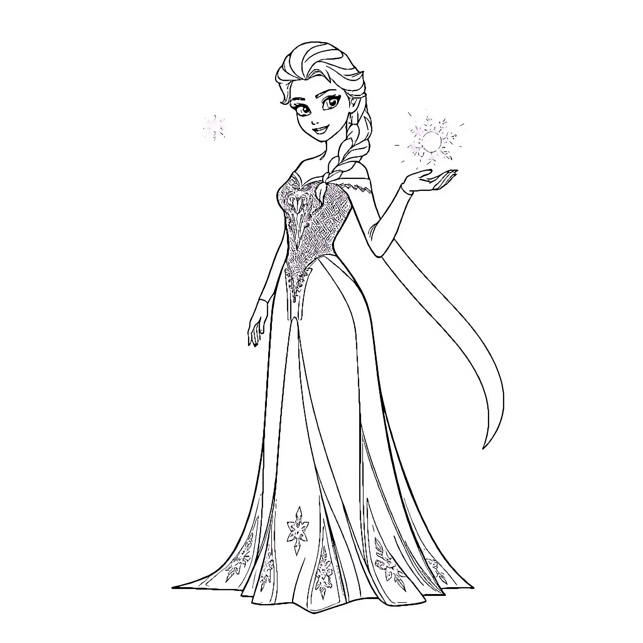 Elsa's Elegant Enchantment: Sparkling Dress and Icy Magic Coloring Page (free black-and-white line drawing printable PDF for all, from beginners to advanced learners, including children, teens, adults, and seniors)