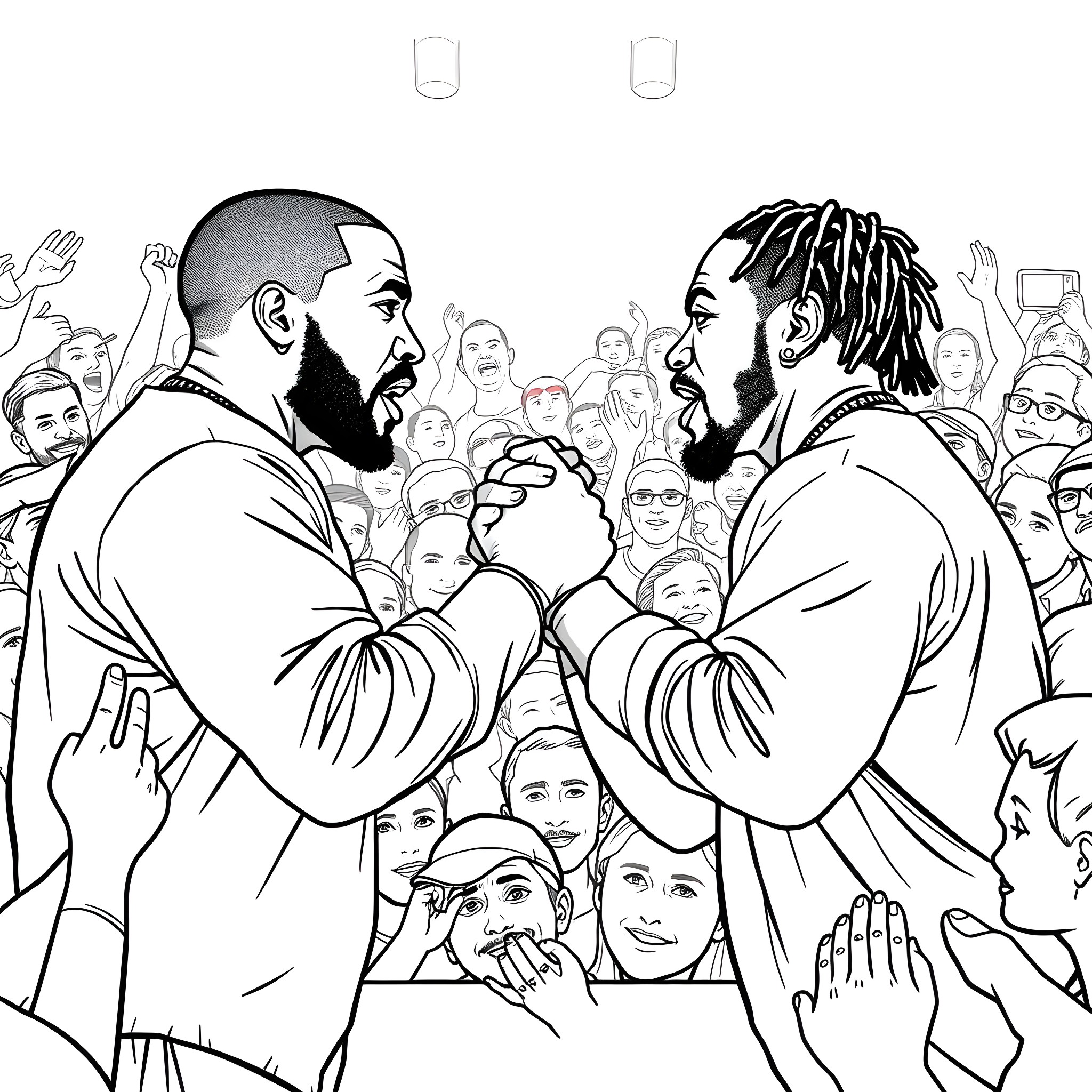 Drake shaking hands with another man in front of a crowd Coloring Page (free black-and-white line drawing printable PDF for all, from beginners to advanced learners, including children, teens, adults, and seniors)