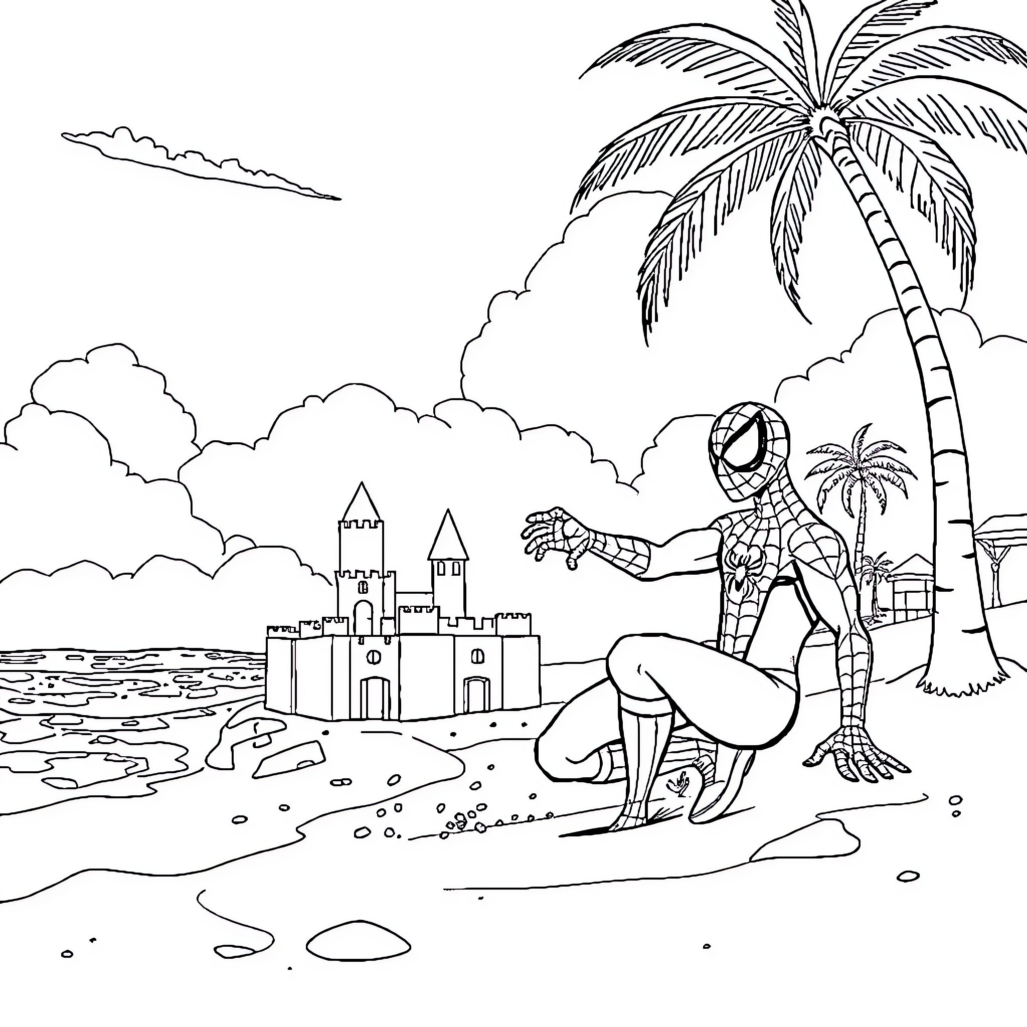Spiderman on the Beach with Sand Castle Coloring Page (free black-and-white line drawing printable PDF for all, from beginners to advanced learners, including children, teens, adults, and seniors)