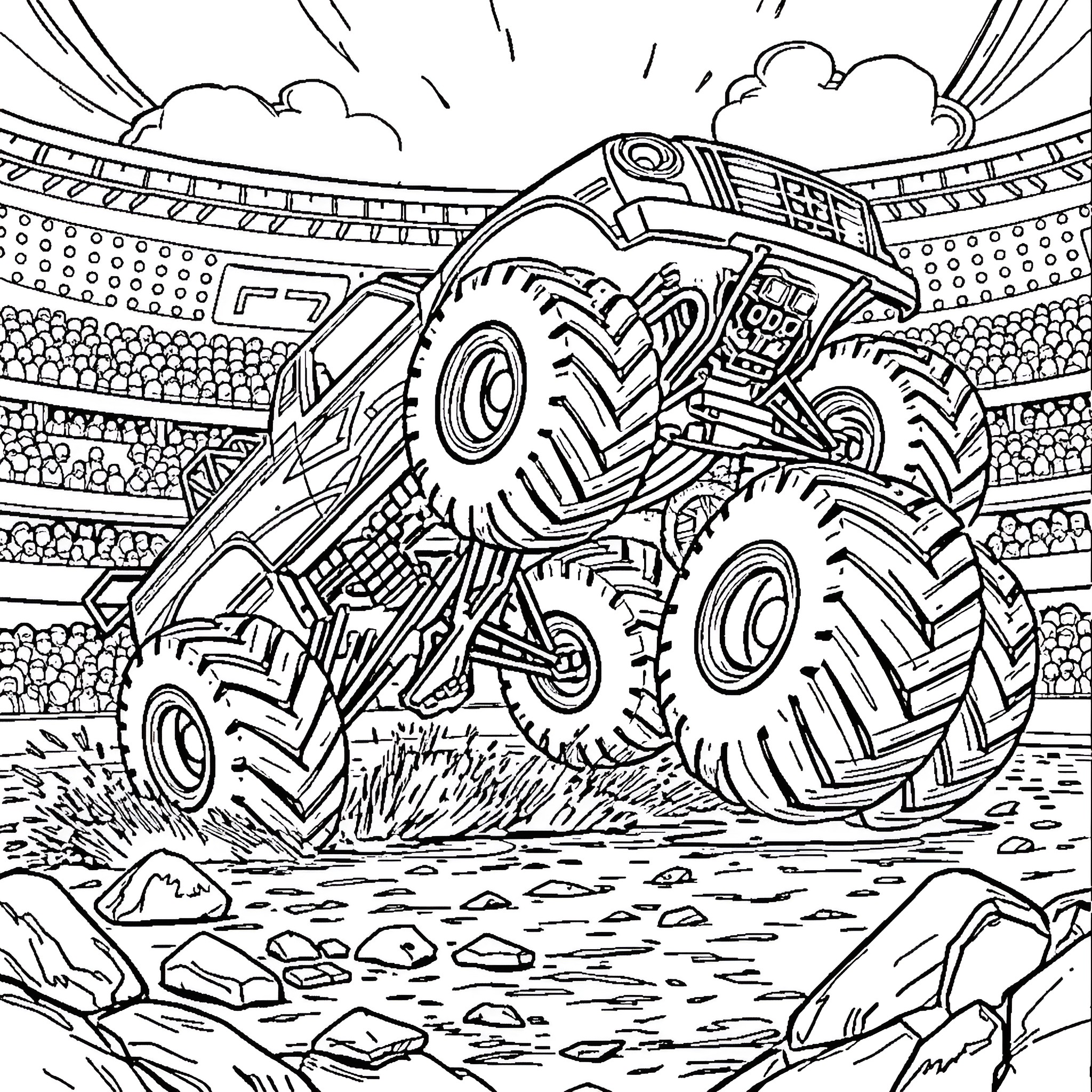 Monster Truck Crushing through the Stadium Coloring Page (free black-and-white line drawing printable PDF for all, from beginners to advanced learners, including children, teens, adults, and seniors)