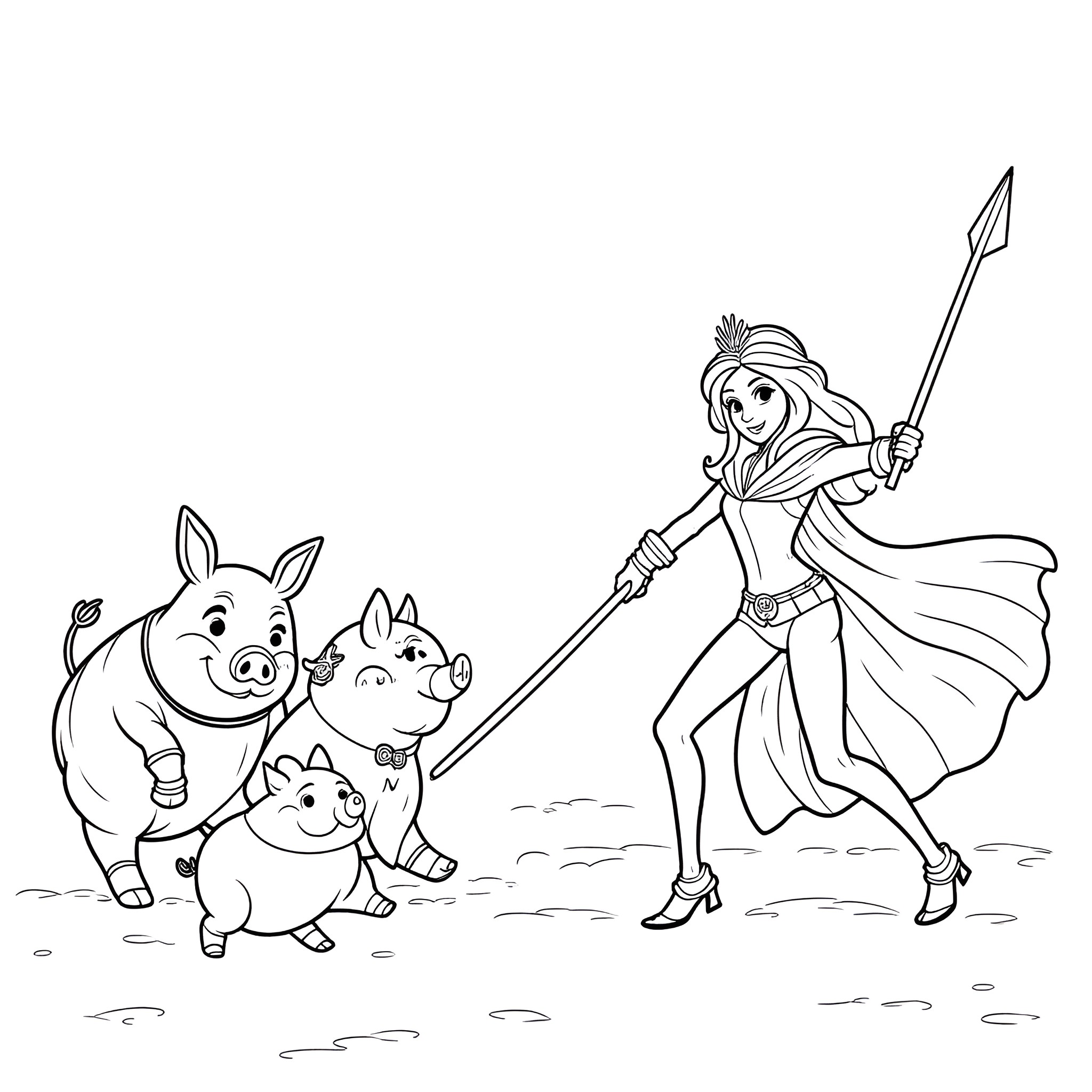 Princess leading a pack of playful pigs Coloring Page (free black-and-white line drawing printable PDF for all, from beginners to advanced learners, including children, teens, adults, and seniors)