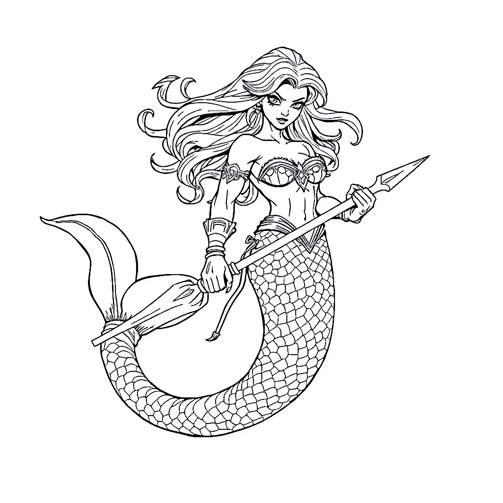 Warrior Mermaid Fighting with Trident Coloring Page (free black-and-white line drawing printable PDF for all, from beginners to advanced learners, including children, teens, adults, and seniors)