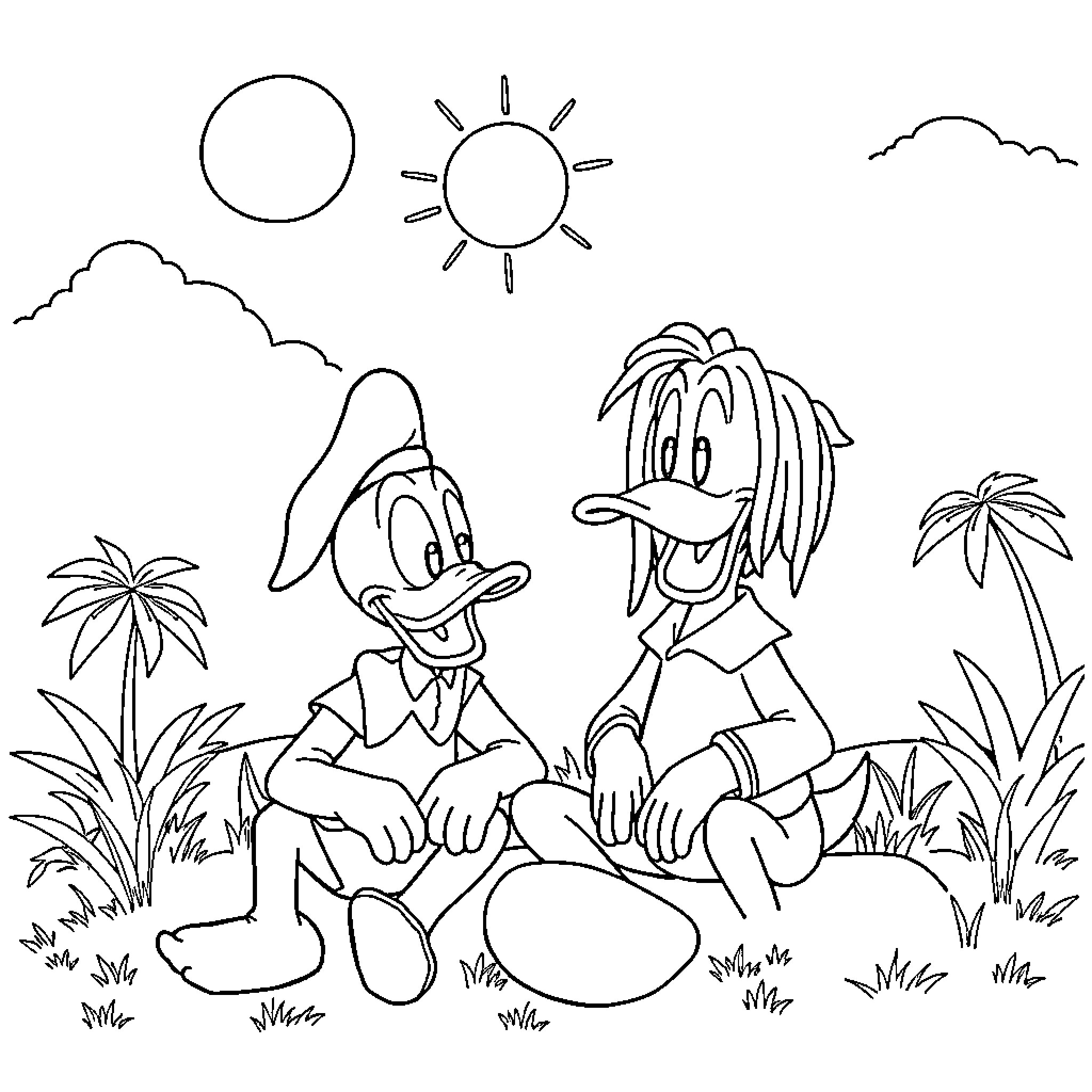 Bob Marley and friend relaxing in tropical setting Coloring Page (free black-and-white line drawing printable PDF for all, from beginners to advanced learners, including children, teens, adults, and seniors)