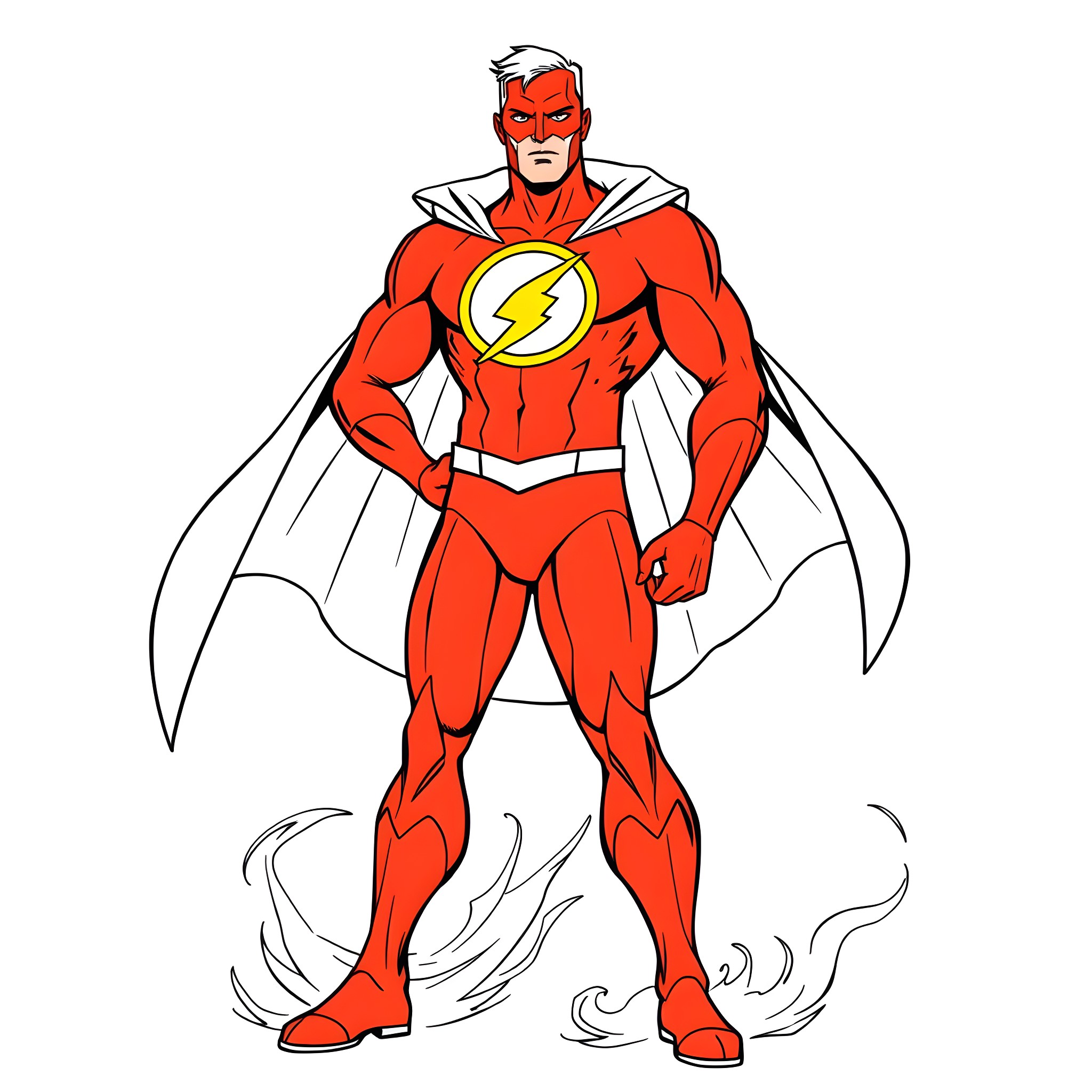 Red Tornado heroically flying into action Coloring Page (free black-and-white line drawing printable PDF for all, from beginners to advanced learners, including children, teens, adults, and seniors)
