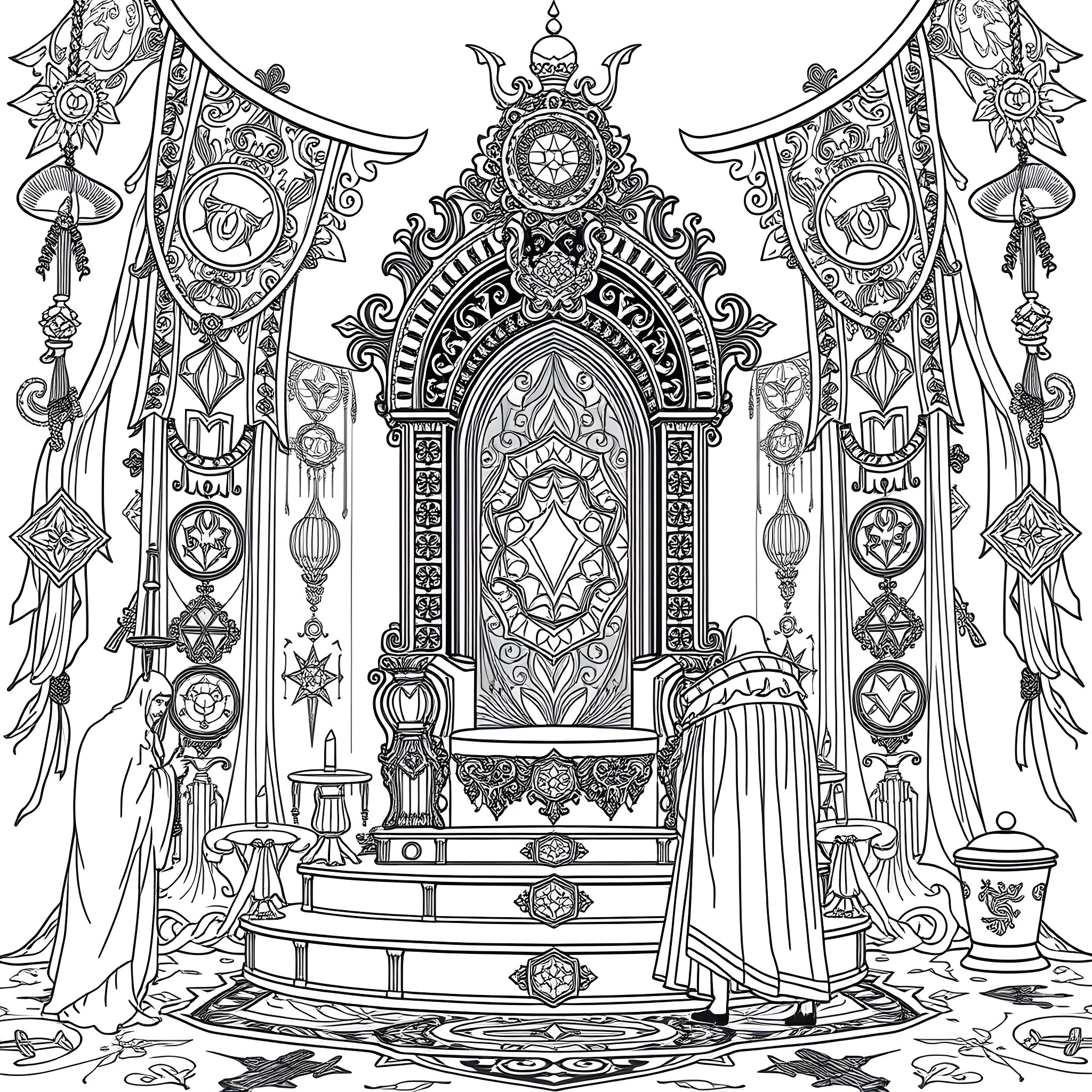 Throne of Intricate Ornaments and Ceremonial Splendor Coloring Page (free black-and-white line drawing printable PDF for all, from beginners to advanced learners, including children, teens, adults, and seniors)