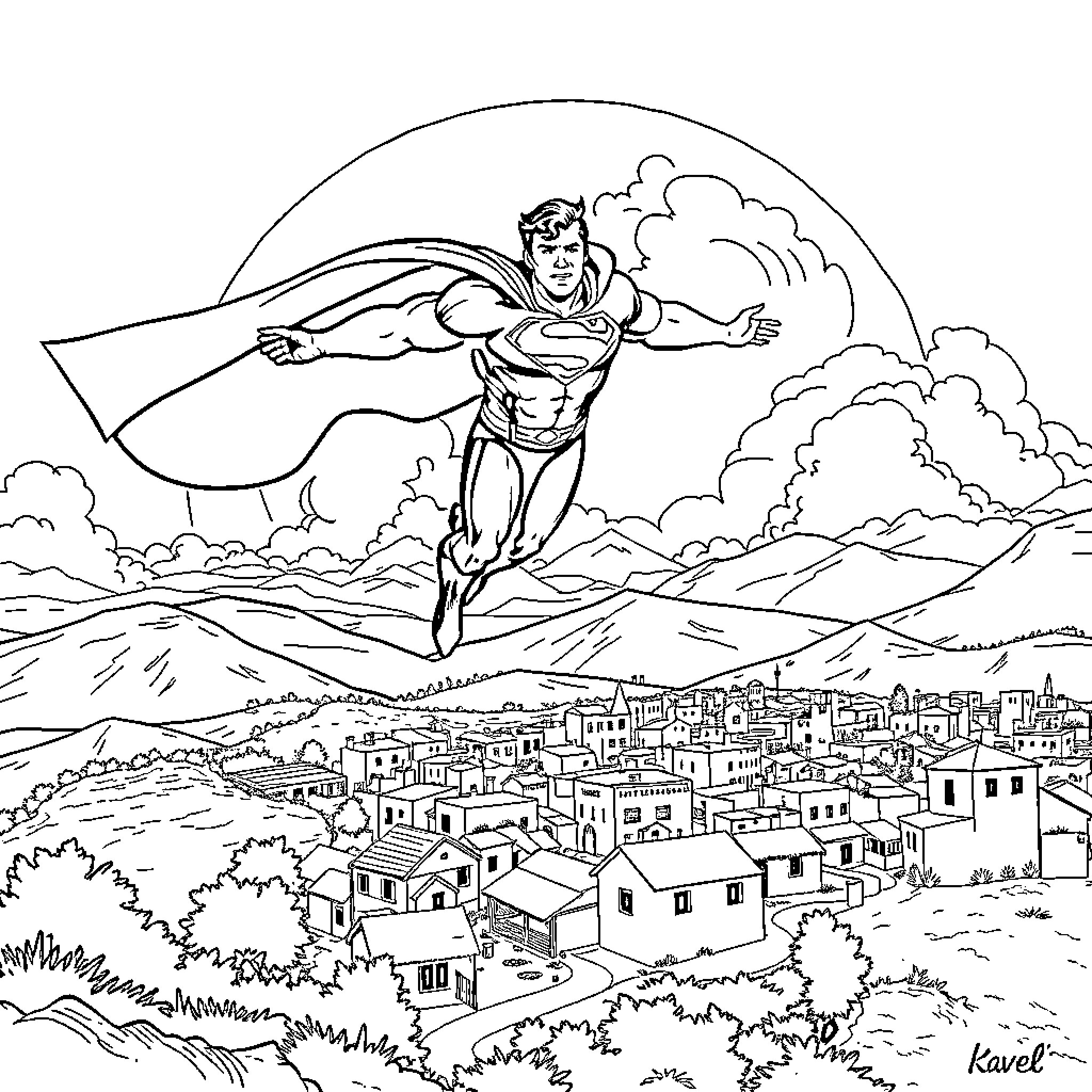 Superman Flying Over the City Coloring Page (free black-and-white line drawing printable PDF for all, from beginners to advanced learners, including children, teens, adults, and seniors)