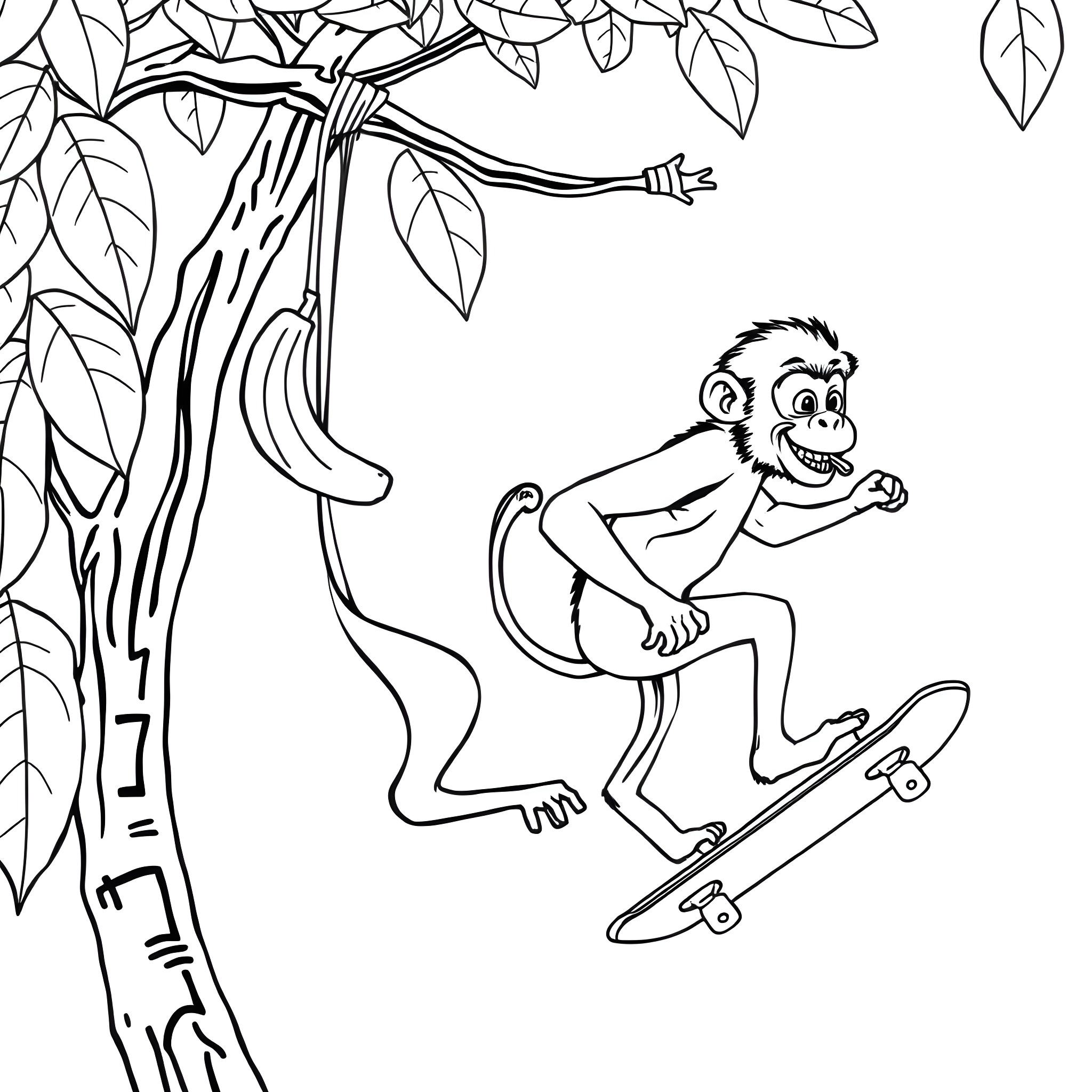Monkey skateboarding among the leaves Coloring Page (free black-and-white line drawing printable PDF for all, from beginners to advanced learners, including children, teens, adults, and seniors)