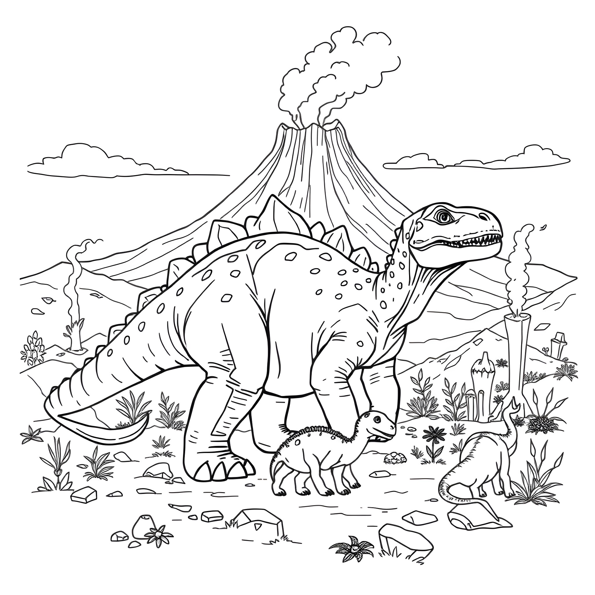 Ankylosaurus among prehistoric wildlife Coloring Page (free black-and-white line drawing printable PDF for all, from beginners to advanced learners, including children, teens, adults, and seniors)