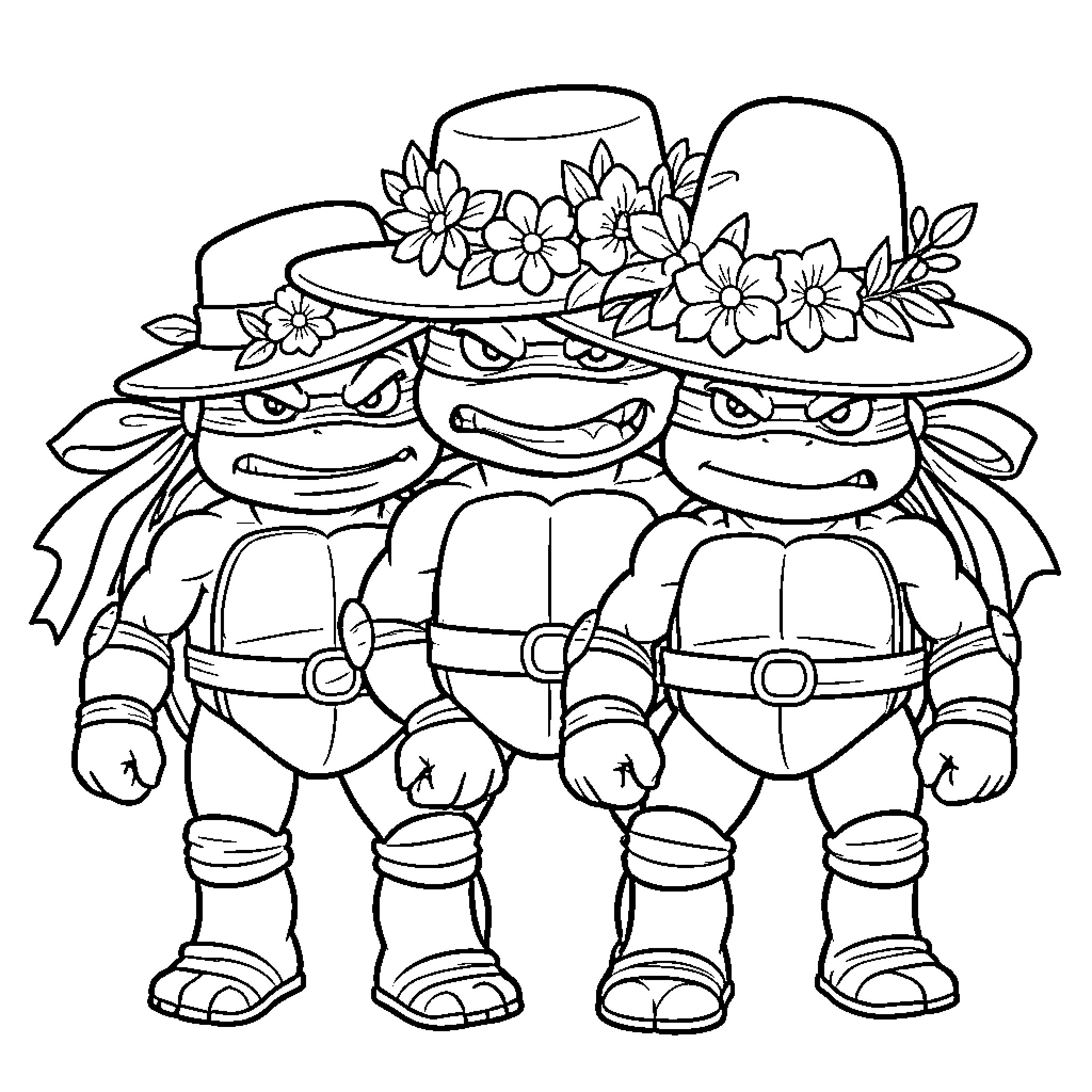 Ninja Turtle Party in Festive Attire Coloring Page (free black-and-white line drawing printable PDF for all, from beginners to advanced learners, including children, teens, adults, and seniors)