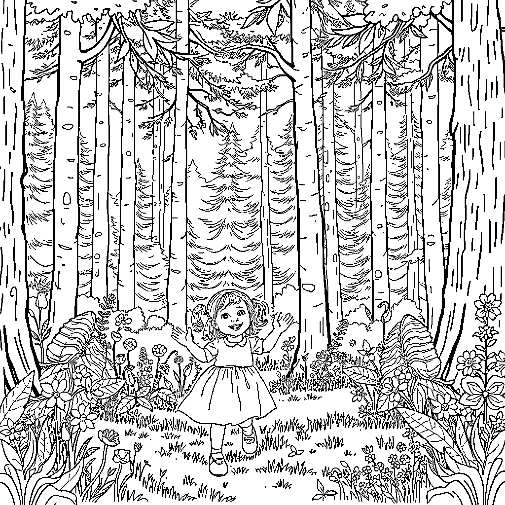 Woman exploring the enchanted forest landscape Coloring Page (free black-and-white line drawing printable PDF for all, from beginners to advanced learners, including children, teens, adults, and seniors)