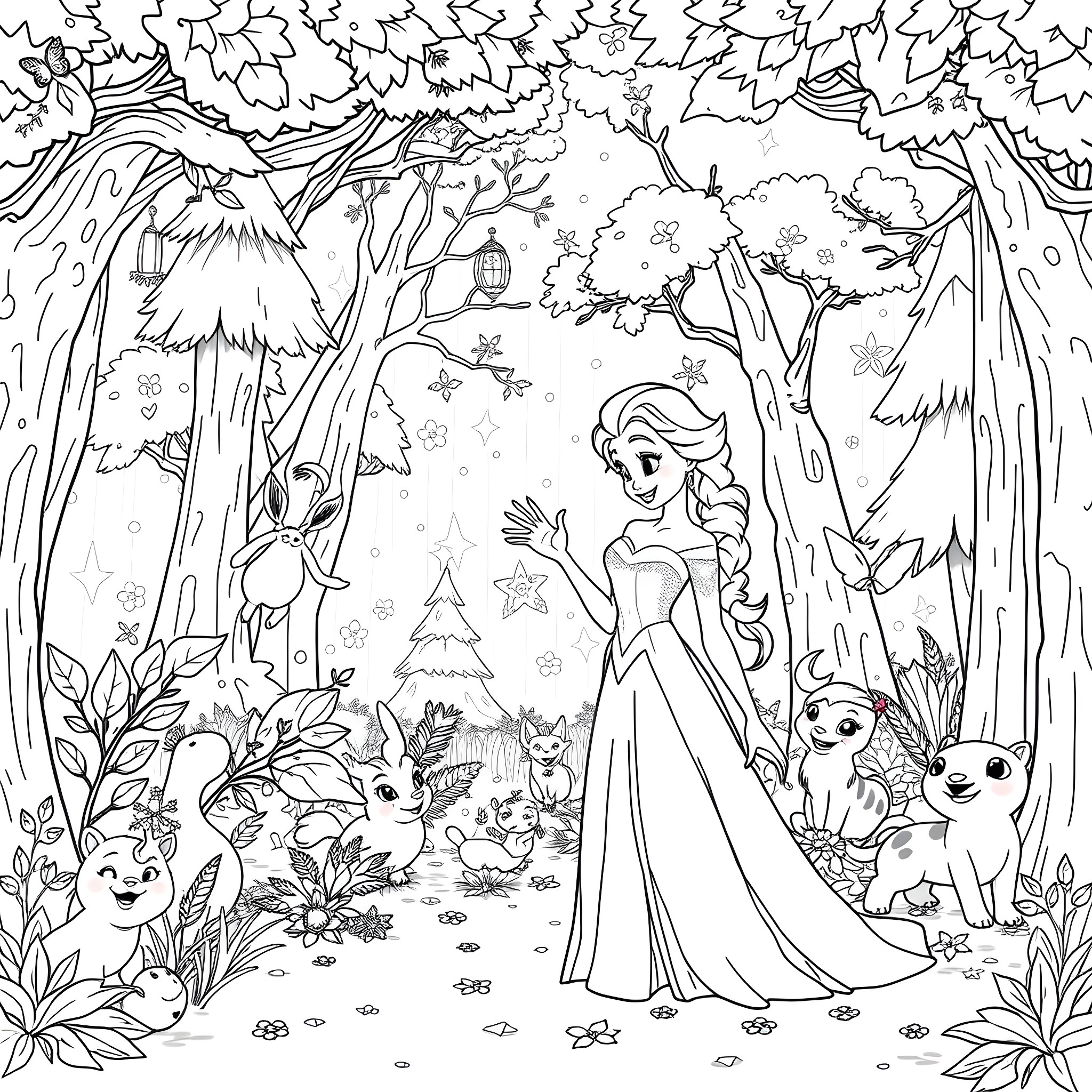 Elsa's Enchanted Forest Adventure Coloring Page (free black-and-white line drawing printable PDF for all, from beginners to advanced learners, including children, teens, adults, and seniors)