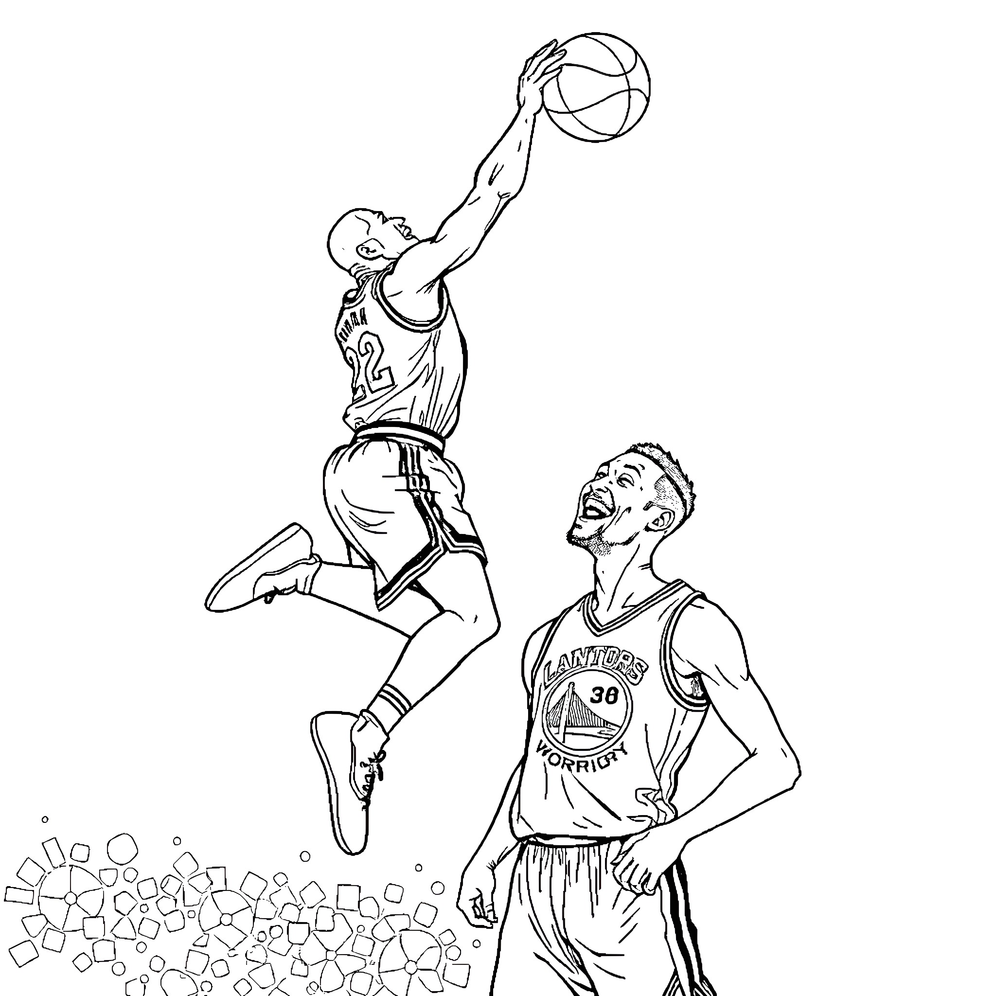 Michael Jordan Dunking Powerfully Over Competitor Coloring Page (free black-and-white line drawing printable PDF for all, from beginners to advanced learners, including children, teens, adults, and seniors)