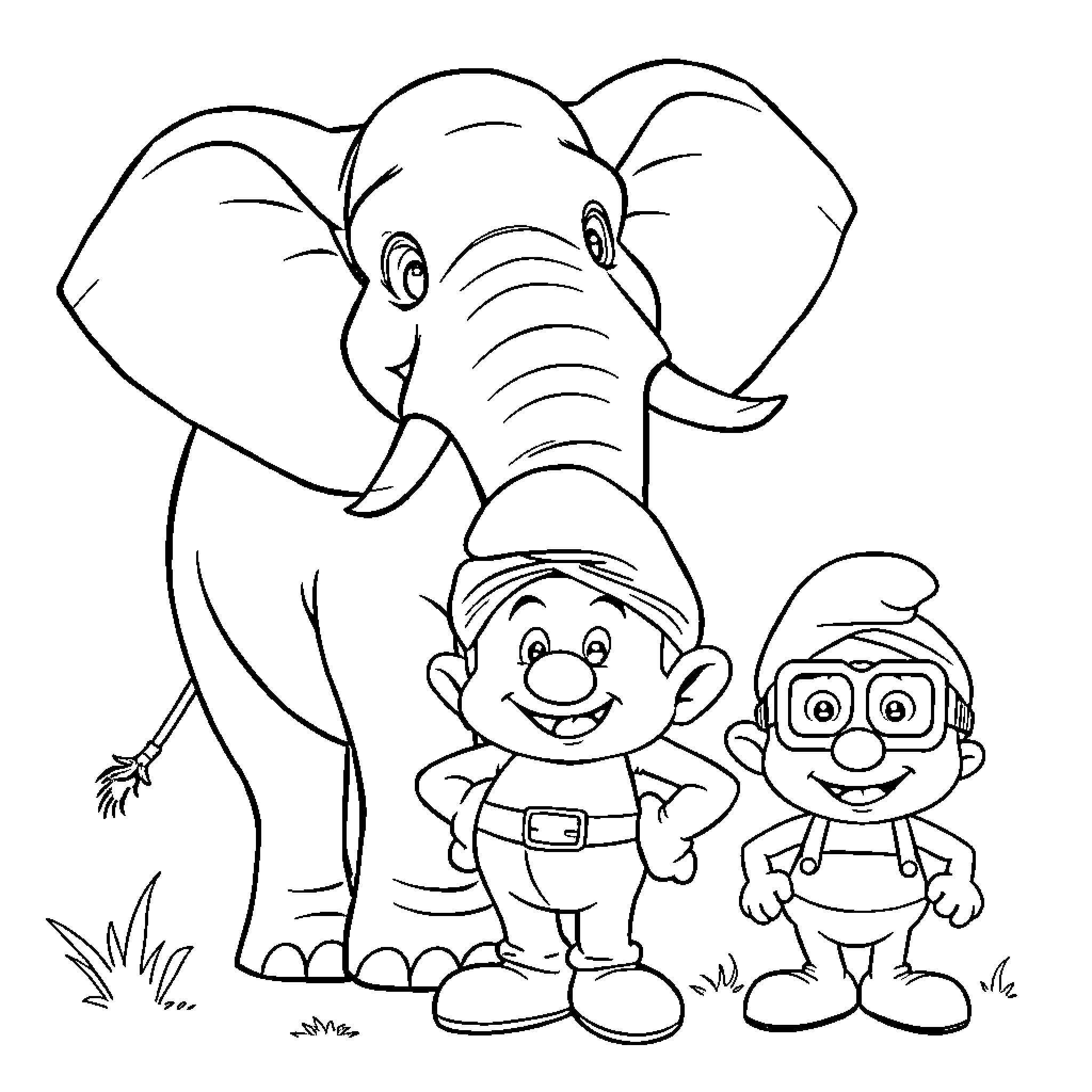 Elephant and two friendly characters in nature Coloring Page (free black-and-white line drawing printable PDF for all, from beginners to advanced learners, including children, teens, adults, and seniors)