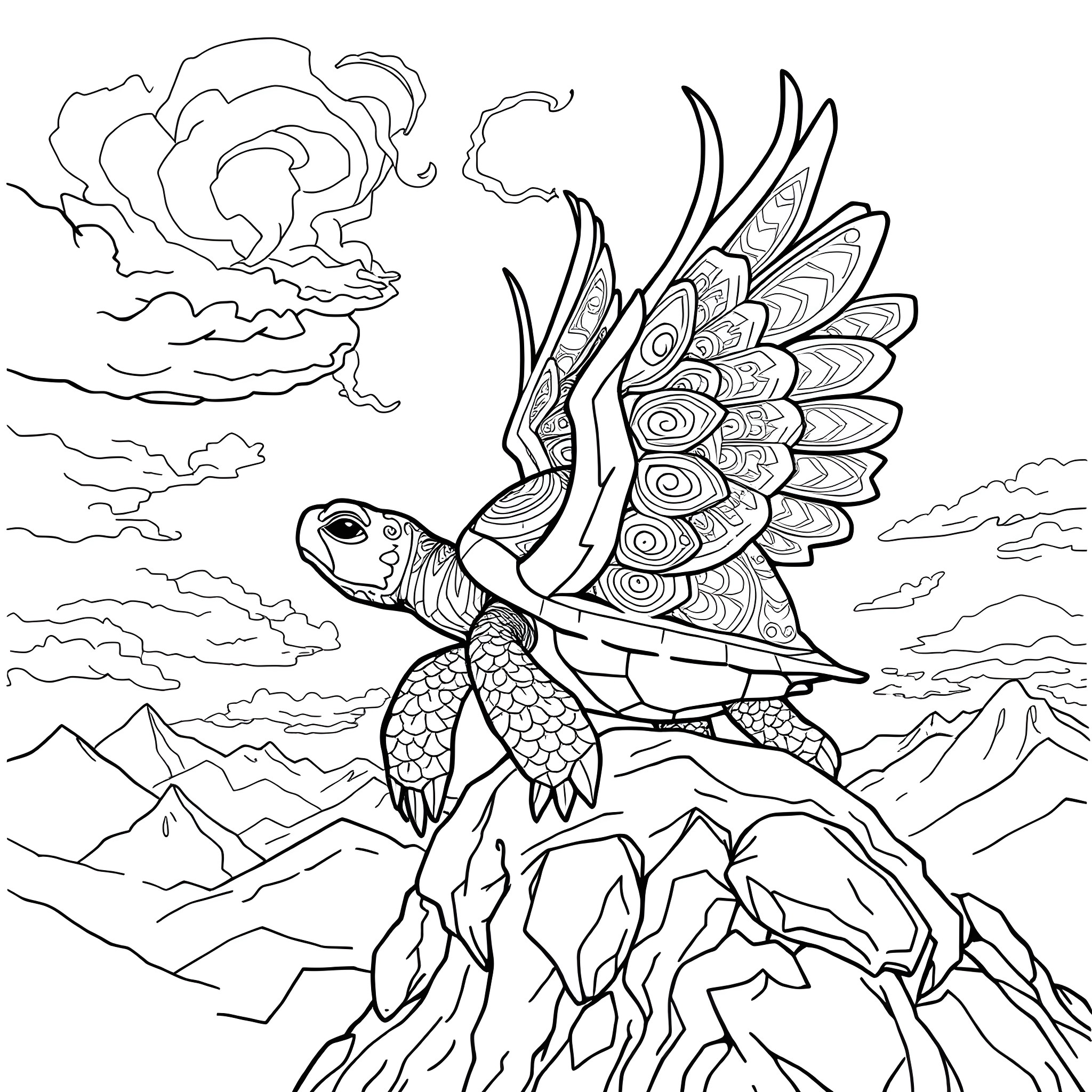 Turtle soaring through the clouds with majestic wings Coloring Page (free black-and-white line drawing printable PDF for all, from beginners to advanced learners, including children, teens, adults, and seniors)